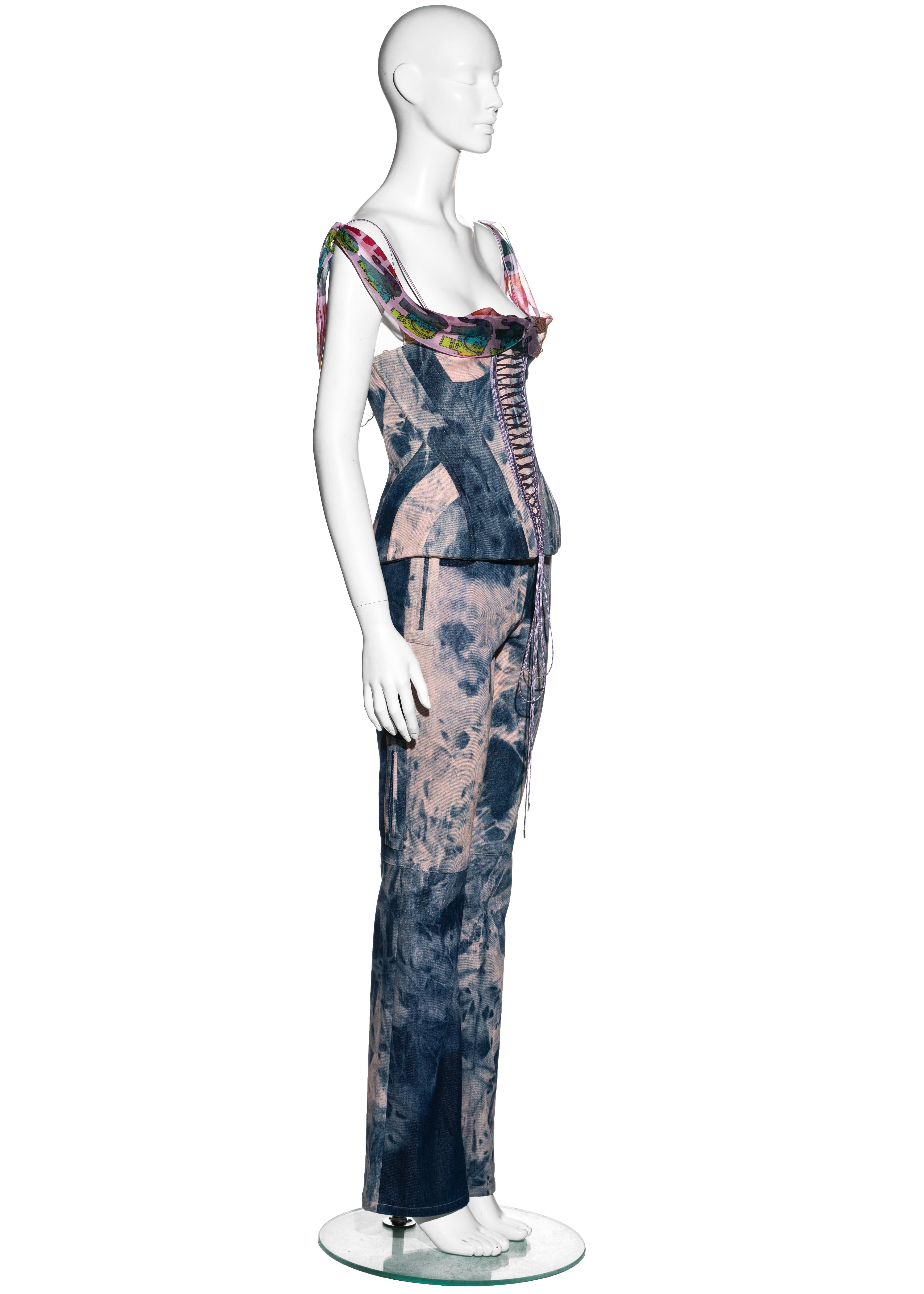 Women's John Galliano tie dye pink and blue denim corset and pants set, ss 2003
