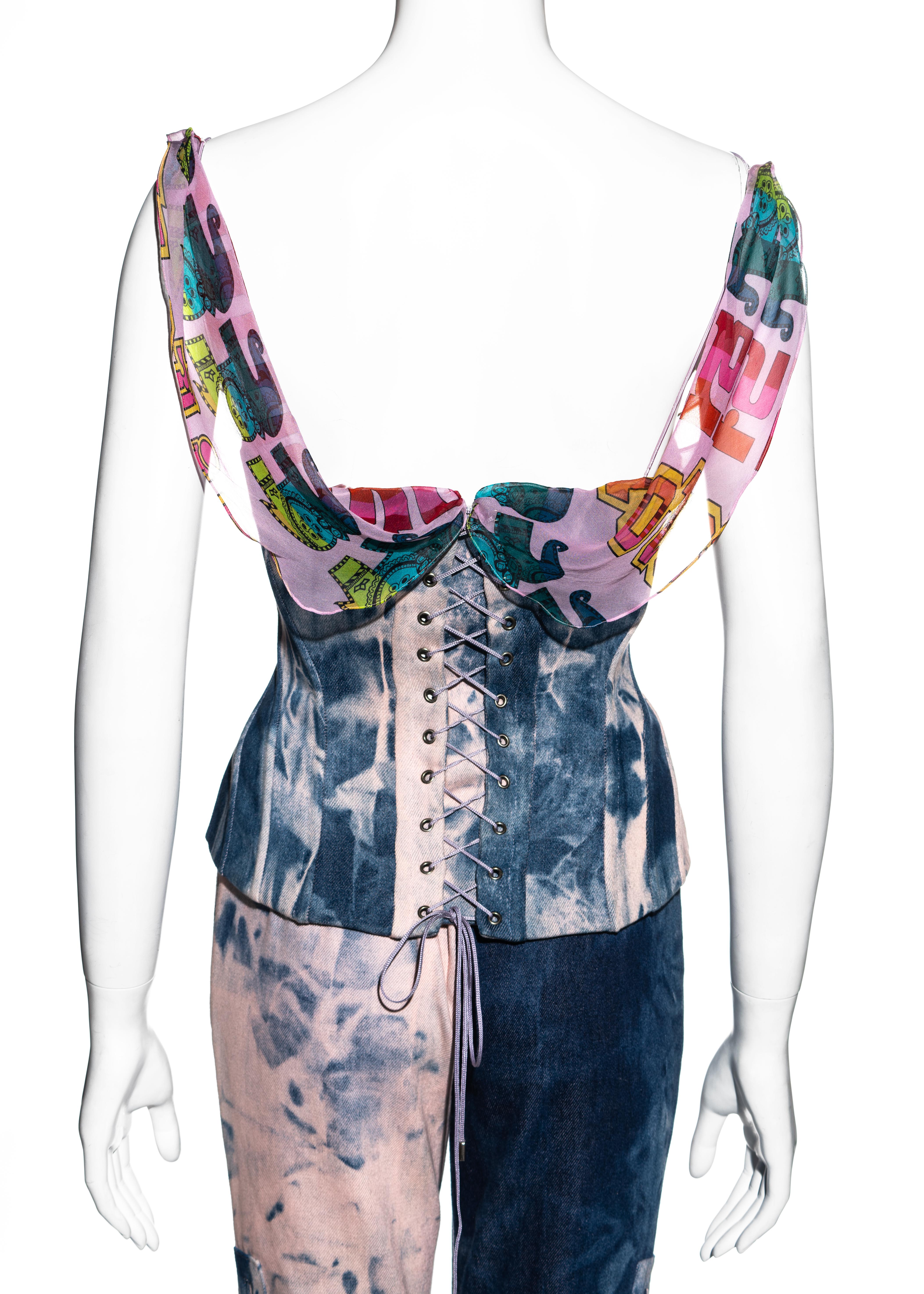 John Galliano tie dye pink and blue denim corset and pants set, ss 2003 2