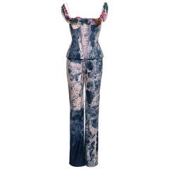John Galliano tie dye pink and blue denim corset and pants set, ss 2003