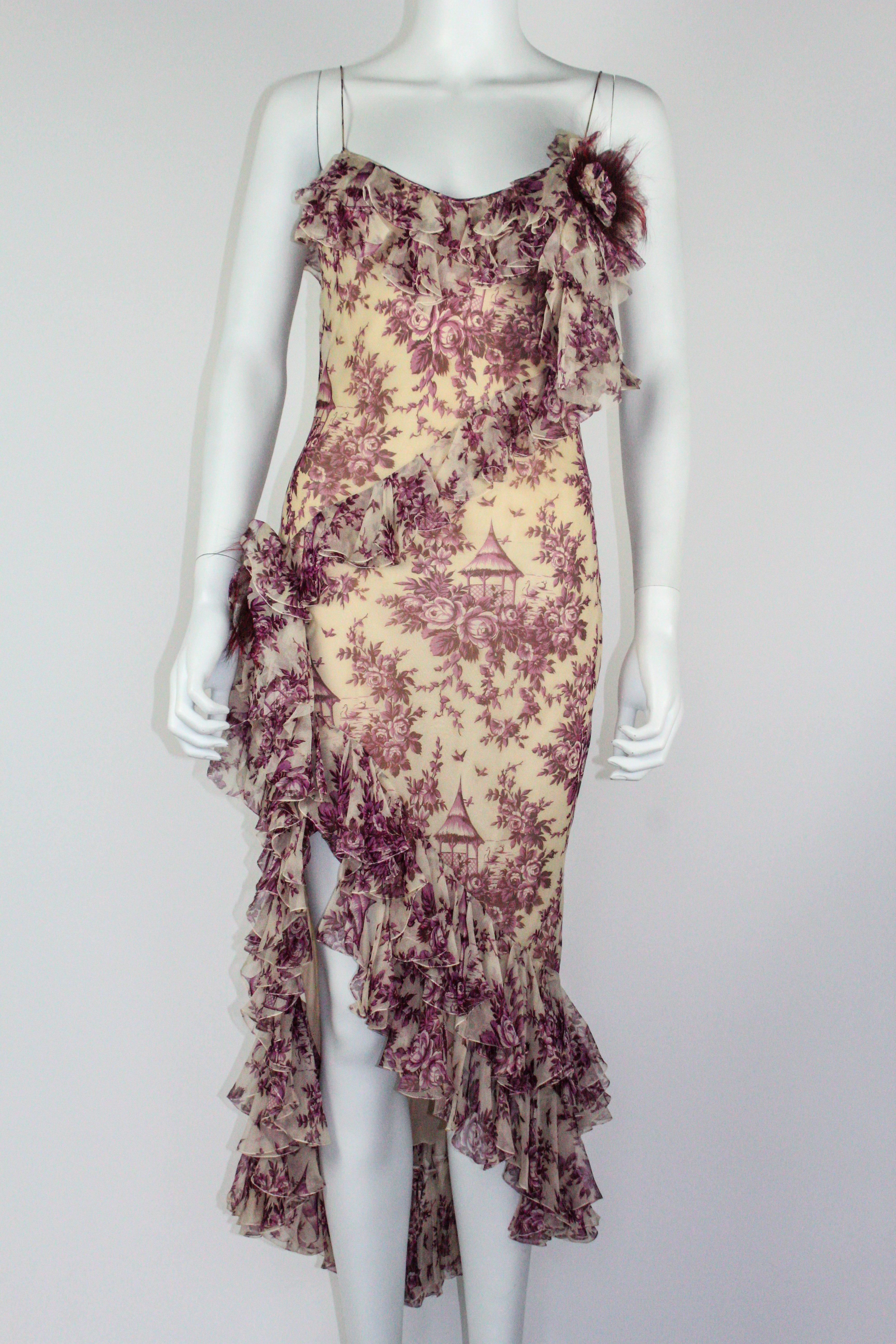 Beige John Galliano Toile de Jouy Silk Dress F/W 2003