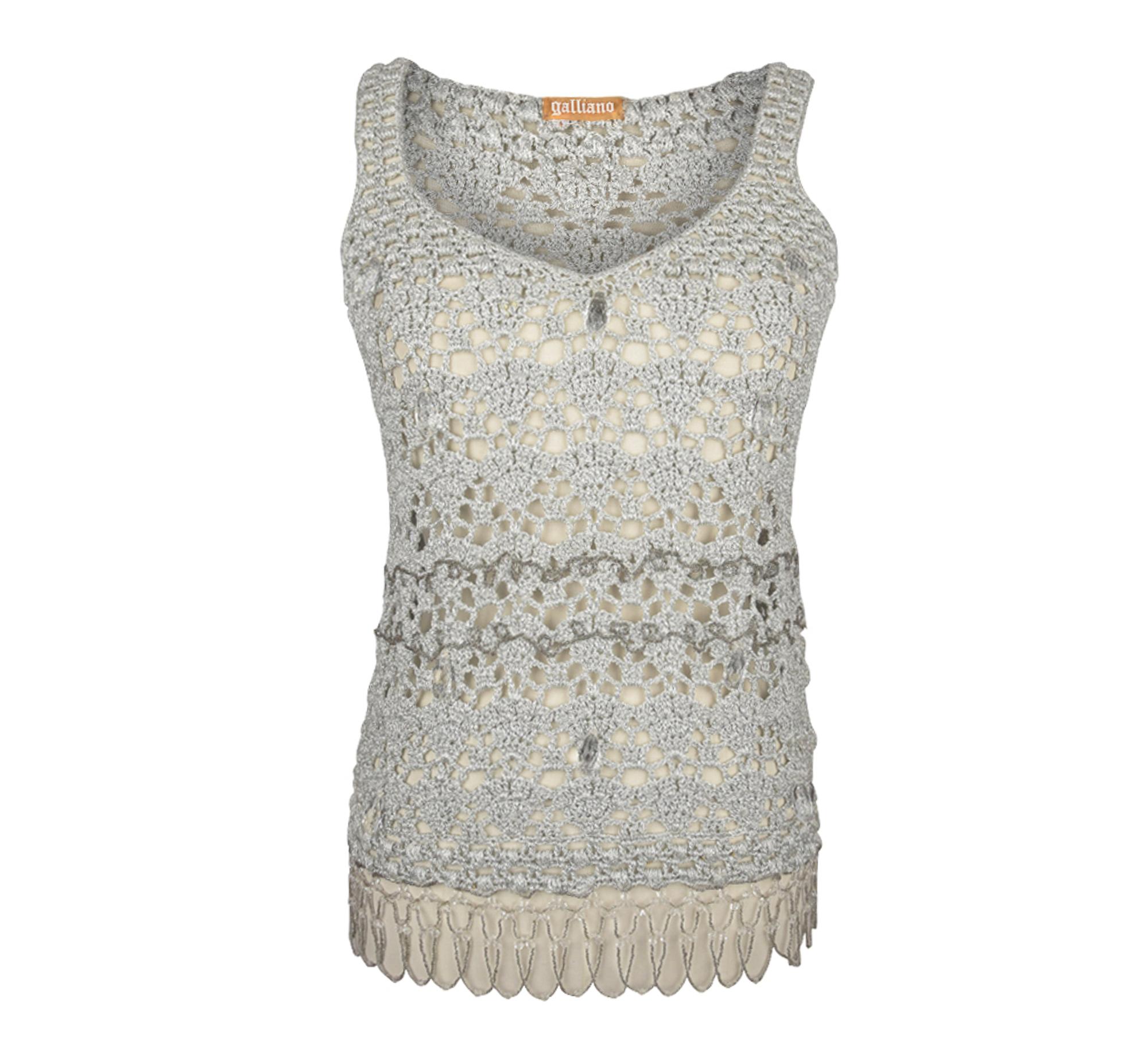 John Galliano Top Silver Crochet Faceted Large Crystals Beading Detail M In Good Condition For Sale In Miami, FL