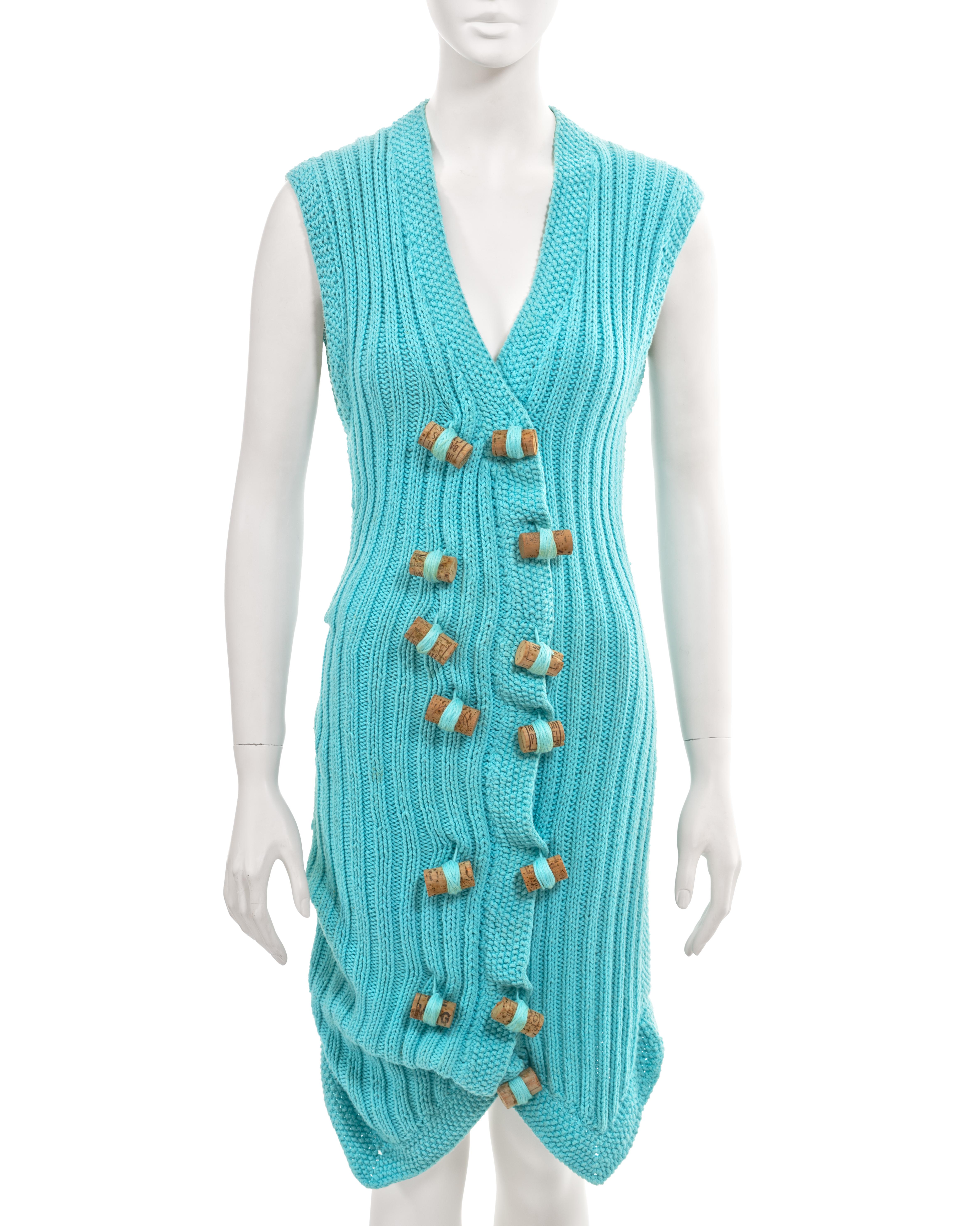 John Galliano turquoise knitted 'The Ludic Game' wine cork dress, fw 1985 In Good Condition For Sale In London, GB