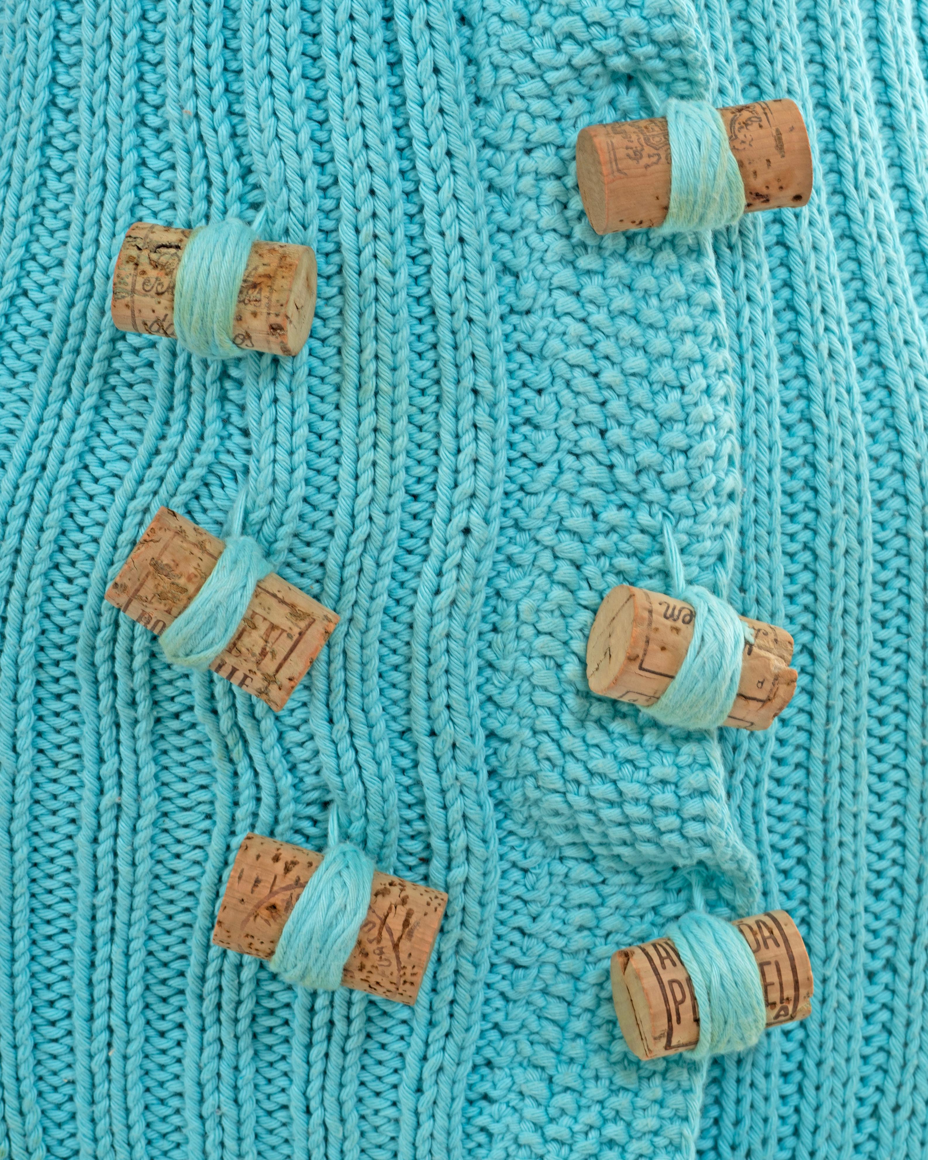 Women's John Galliano turquoise knitted 'The Ludic Game' wine cork dress, fw 1985 For Sale
