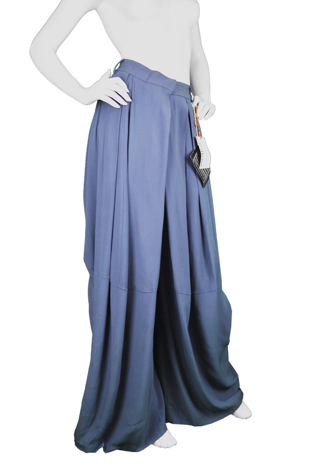 John Galliano Ultra Wide Leg Pleated Unisex Blue Crepe High Waist Palazzo Pants In Excellent Condition In Doncaster, South Yorkshire