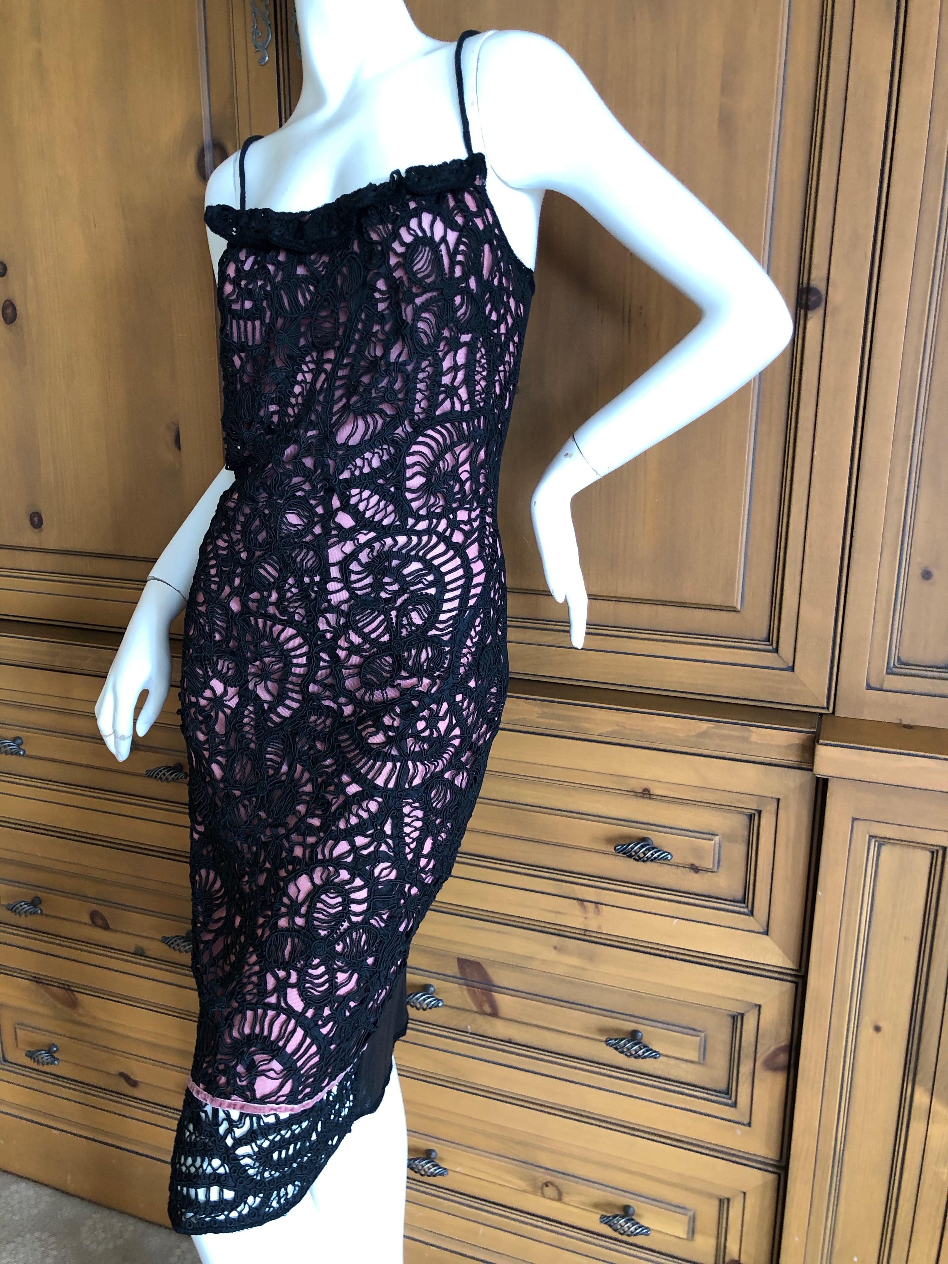 Women's John Galliano Unusual 1990's Black Lace over Pale Pink Overlay Cocktail Dress For Sale