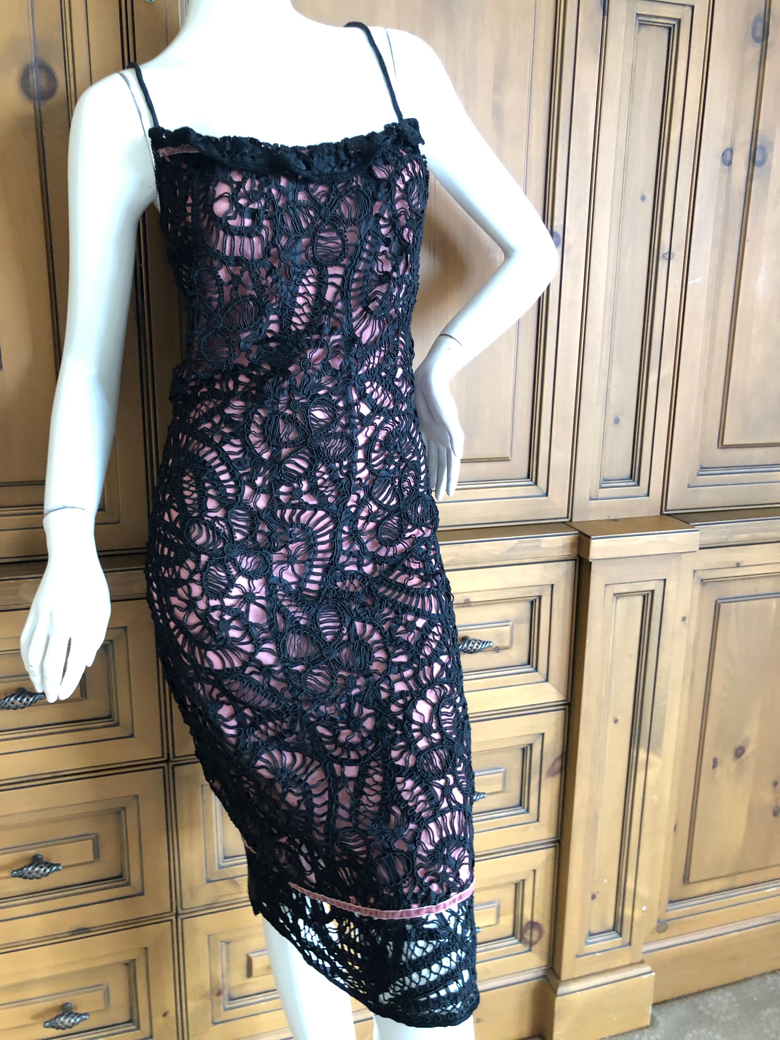 John Galliano Unusual 1990's Black Lace over Pale Pink Overlay Cocktail Dress For Sale 1
