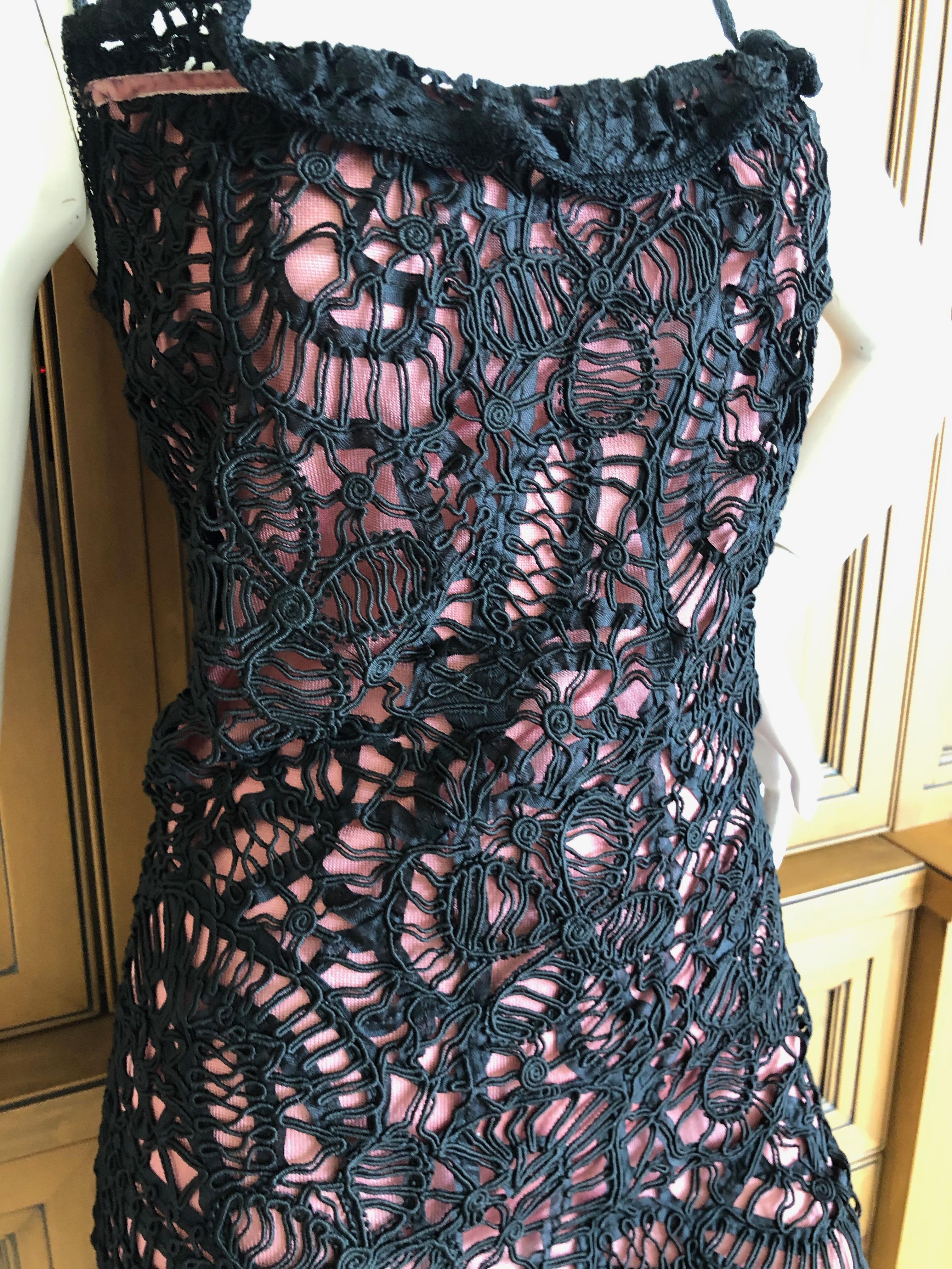 John Galliano Unusual 1990's Black Lace over Pale Pink Overlay Cocktail Dress For Sale 2