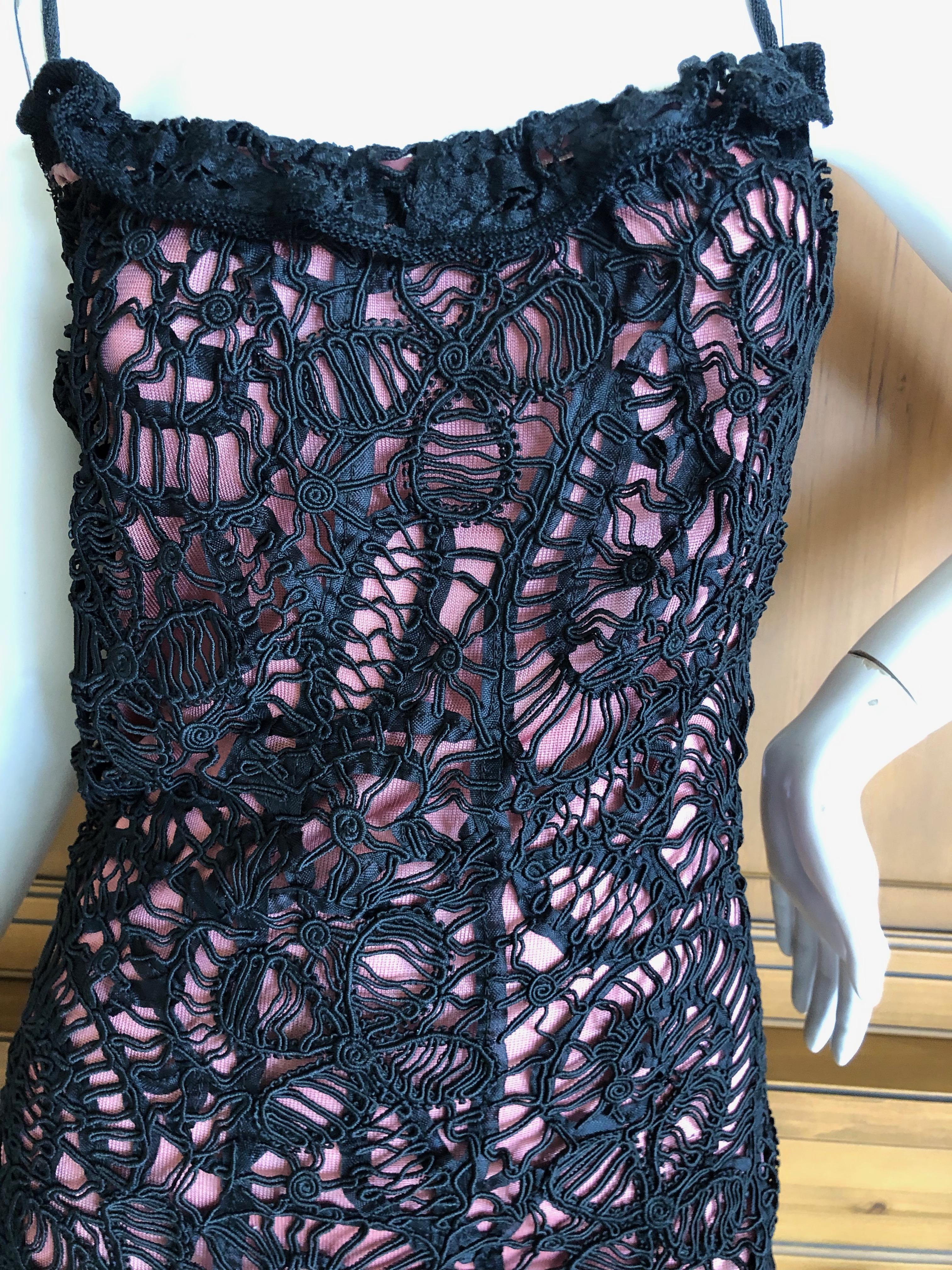 John Galliano Unusual 1990's Black Lace over Pale Pink Overlay Cocktail Dress For Sale 3