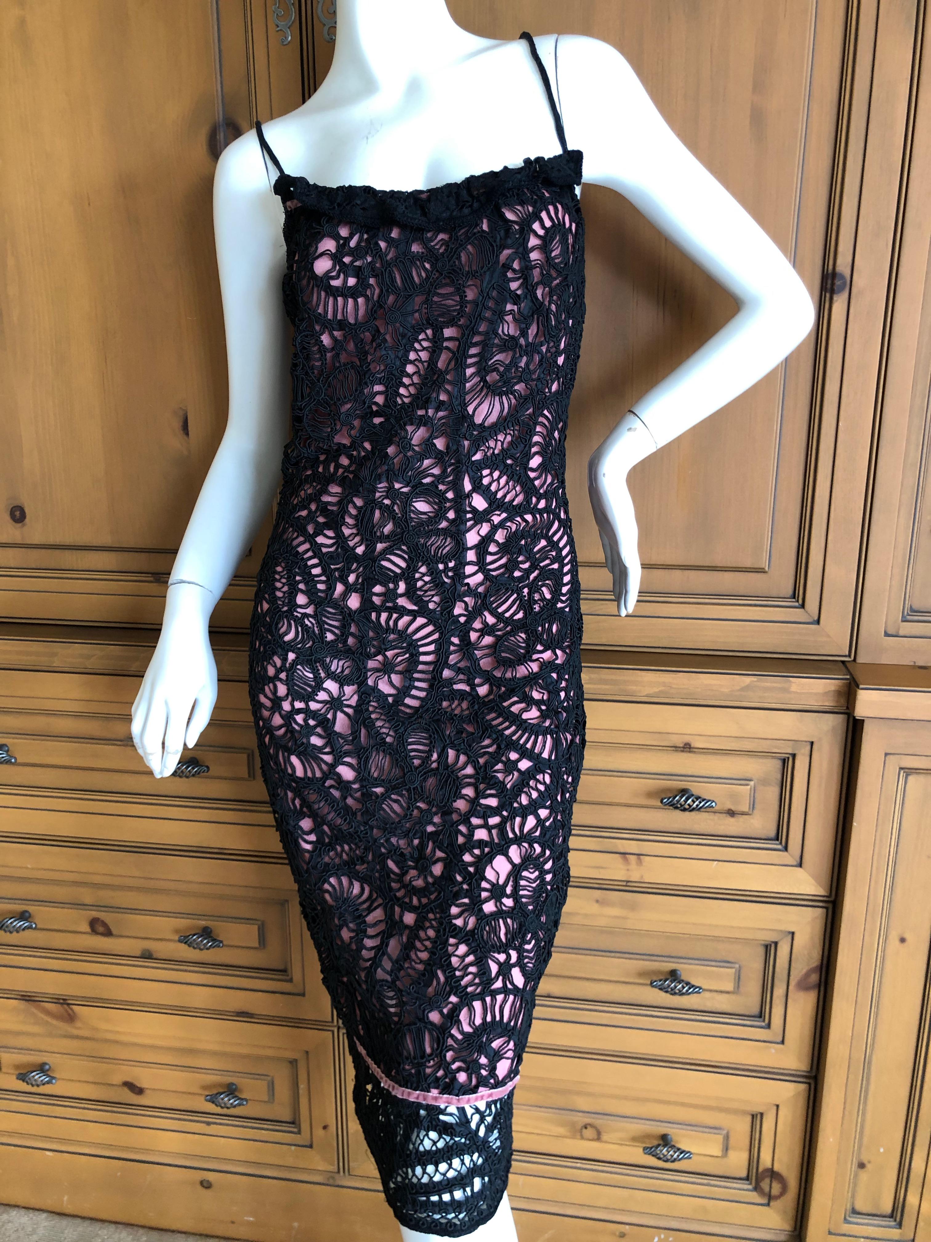 John Galliano Unusual 1990's Black Lace over Pale Pink Overlay Cocktail Dress For Sale 4