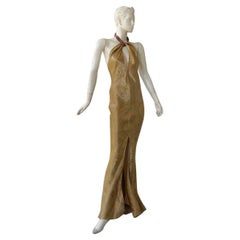 John Galliano Very Stylish Halter Plunging Neck Gold Dress/Gown  NEW