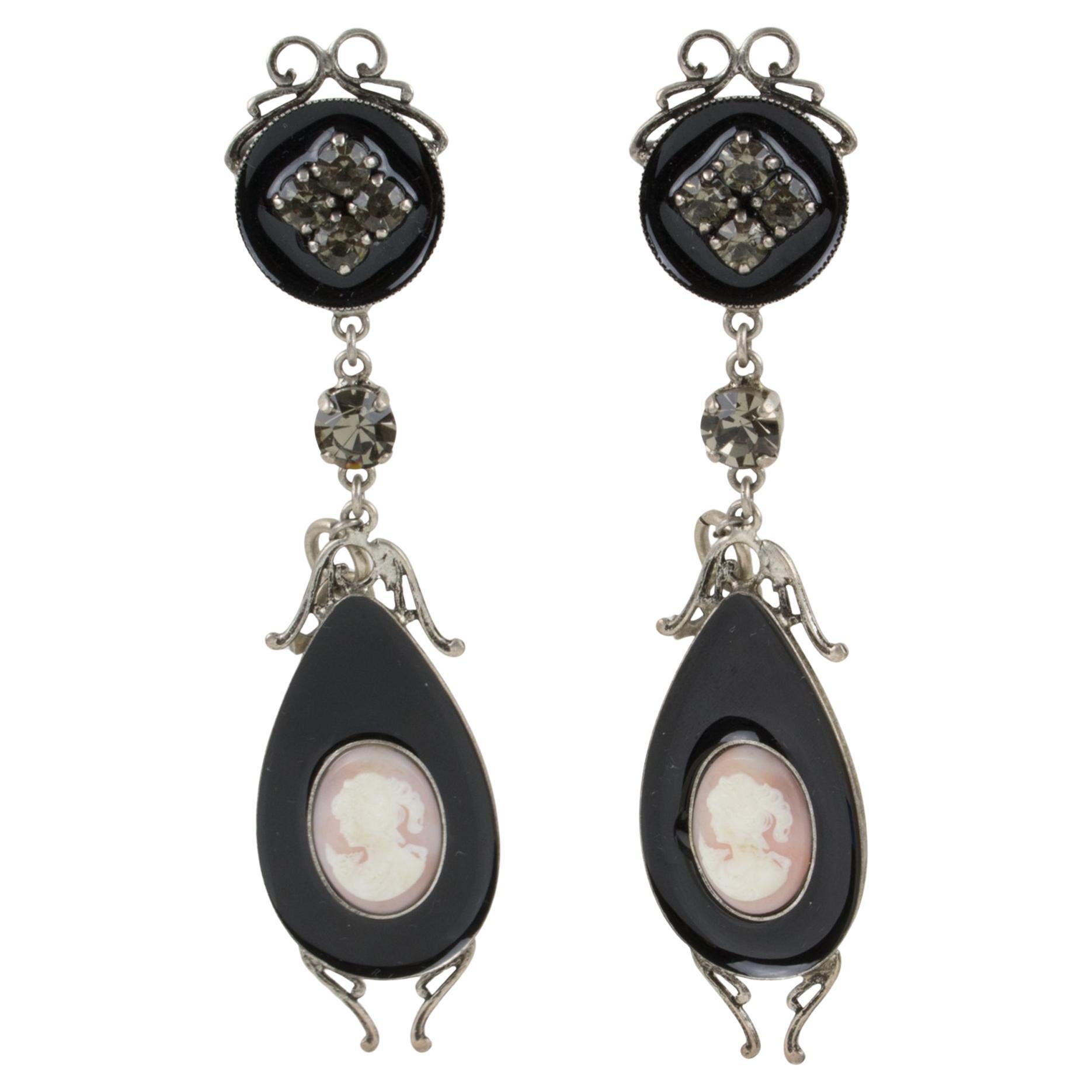 Pre-owned John Galliano Victorian Inspired Cameo And Black Enamel Clip Earrings