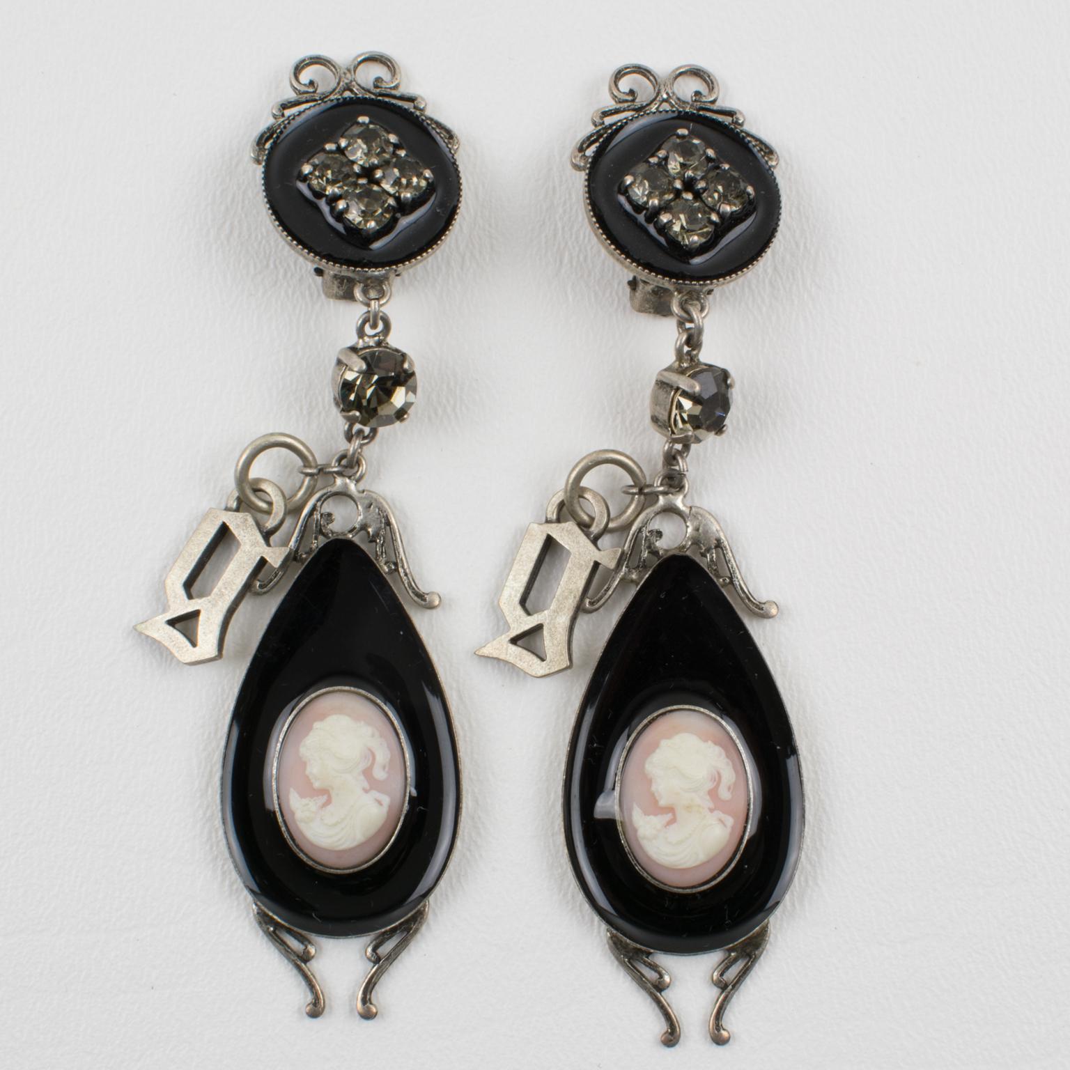 Women's or Men's John Galliano Victorian-Inspired Black Enamel and Cameo Dangle Clip Earrings For Sale