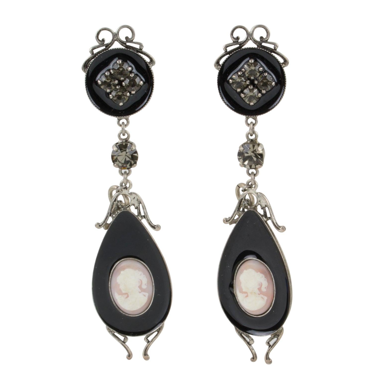 John Galliano Victorian-Inspired Black Enamel and Cameo Dangle Clip Earrings For Sale
