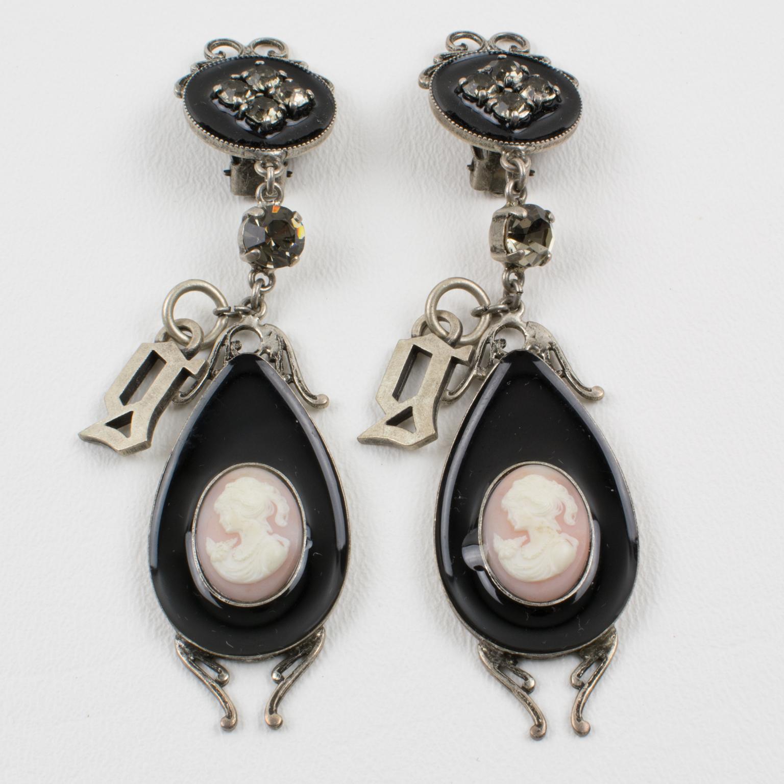 John Galliano Victorian Style Cameo and Black Enamel Earrings In Good Condition For Sale In Atlanta, GA