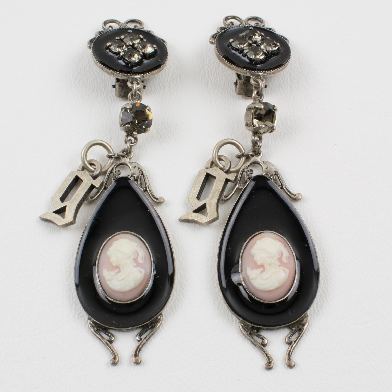 John Galliano Victorian Style Cameo and Black Enamel Dangle Clip Earrings In Good Condition For Sale In Atlanta, GA