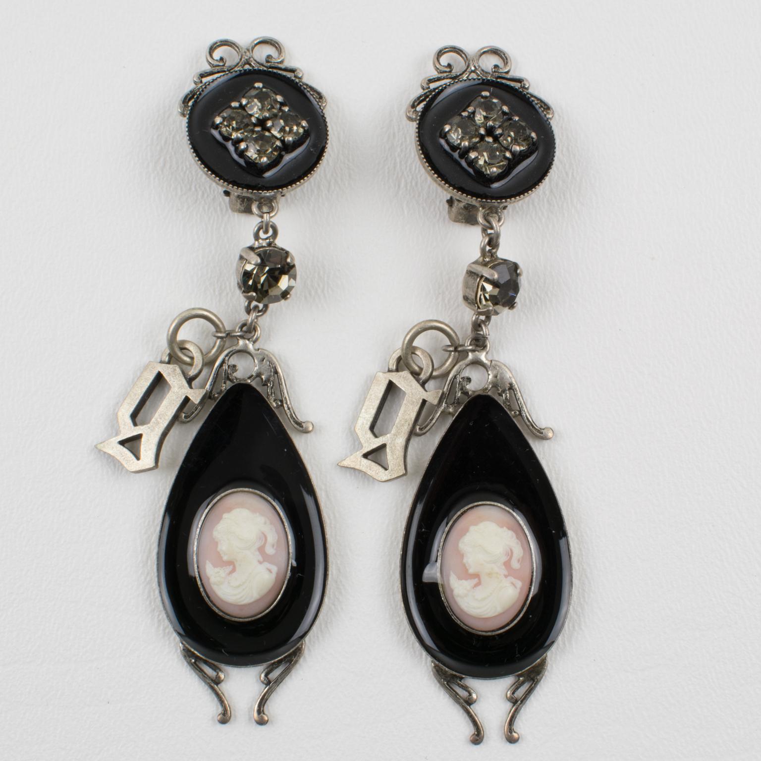 John Galliano Victorian Style Cameo and Black Enamel Earrings For Sale 1