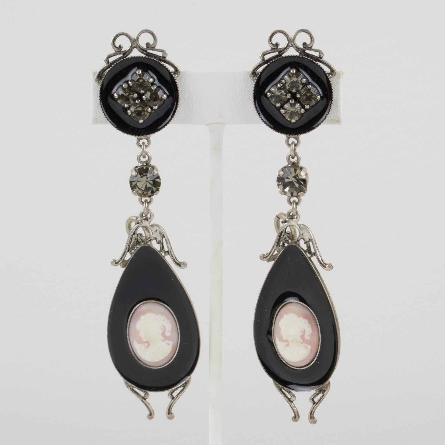 Women's or Men's John Galliano Victorian Style Cameo and Black Enamel Earrings For Sale