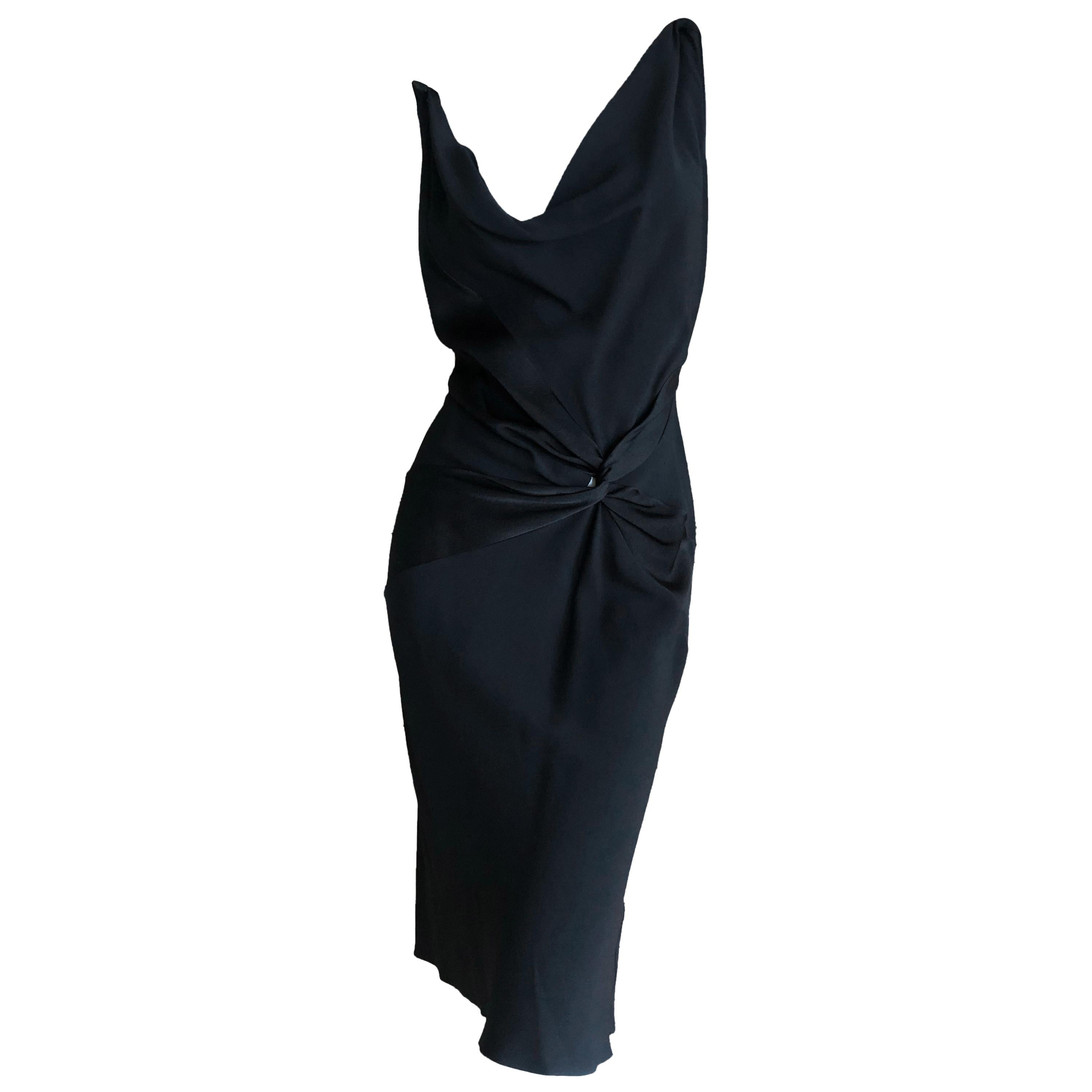 John Galliano Vintage 1990's Low Cut Black Shine and Matte Knot Dress For Sale