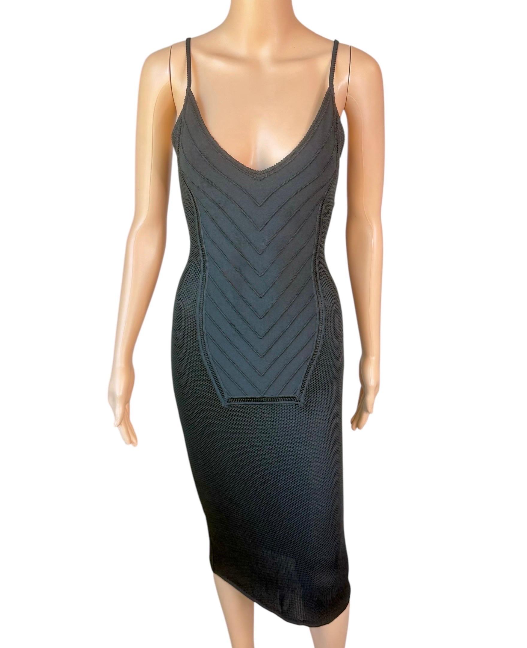 John Galliano Vintage 1990's Semi-Sheer Bondage Knit Mesh Bodycon Black Dress In Excellent Condition For Sale In Naples, FL