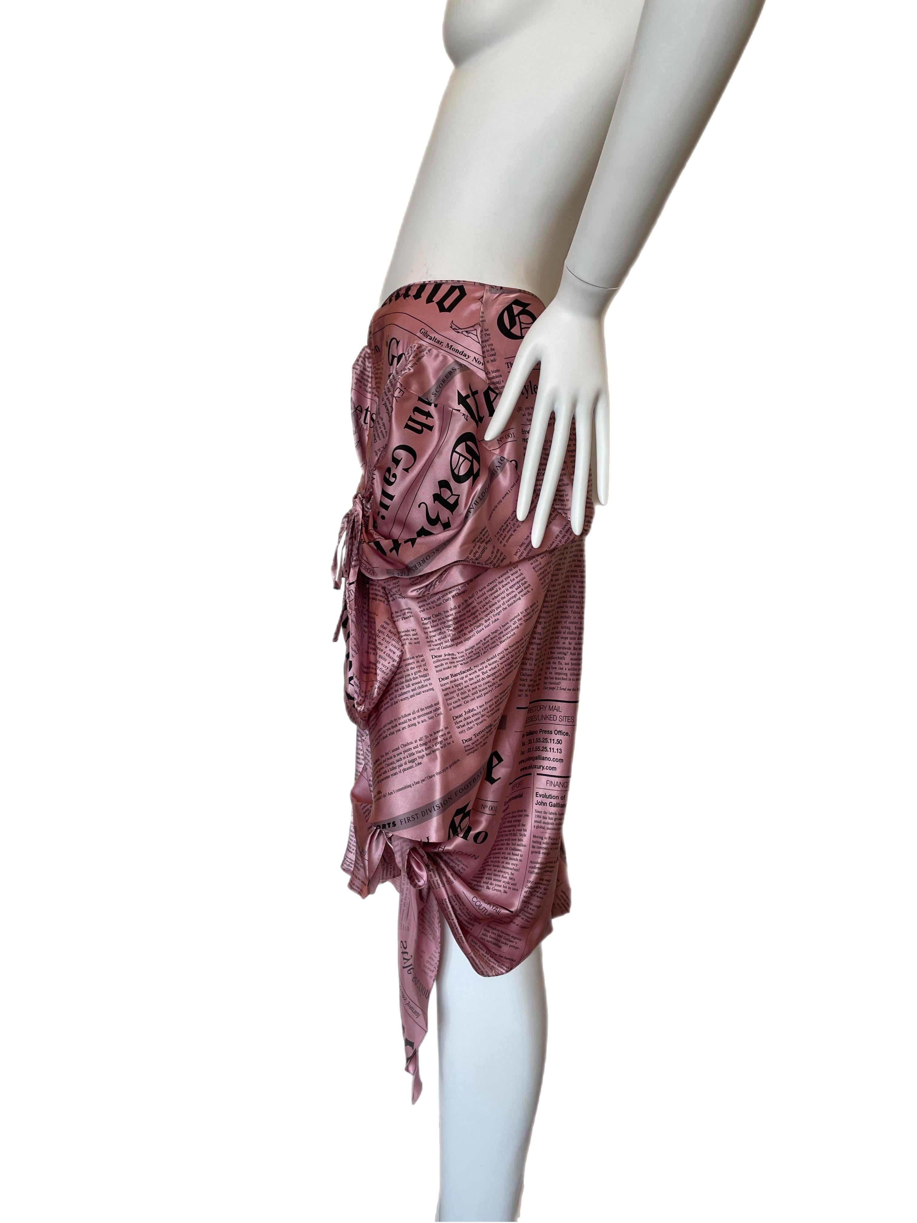 John Galliano Vintage 2005 Y2K pink silk gazette newsprint skirt In Excellent Condition In Leonardo, NJ