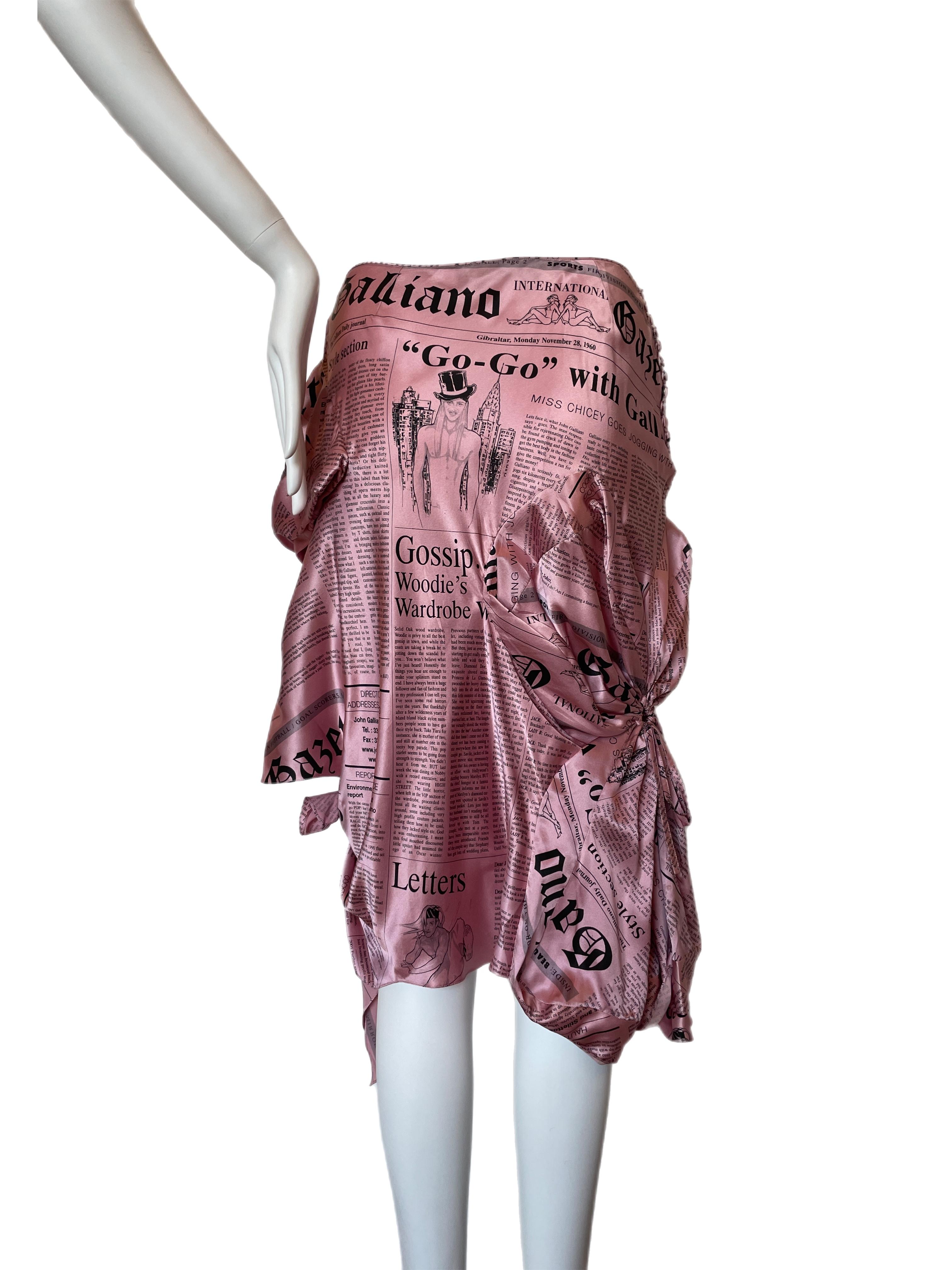 Women's John Galliano Vintage 2005 Y2K pink silk gazette newsprint skirt