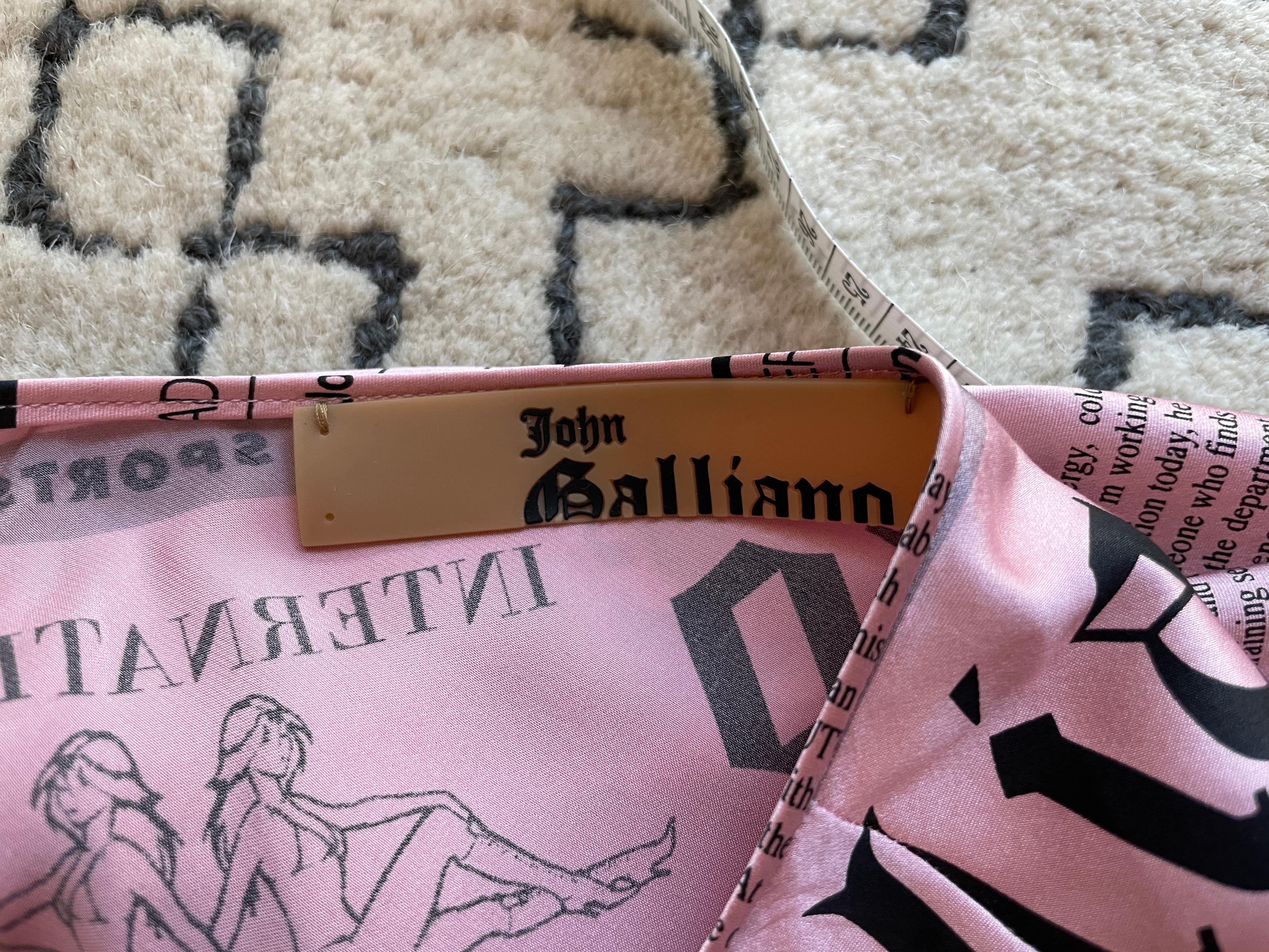 John Galliano Vintage 2005 Y2K pink silk gazette newsprint skirt 2