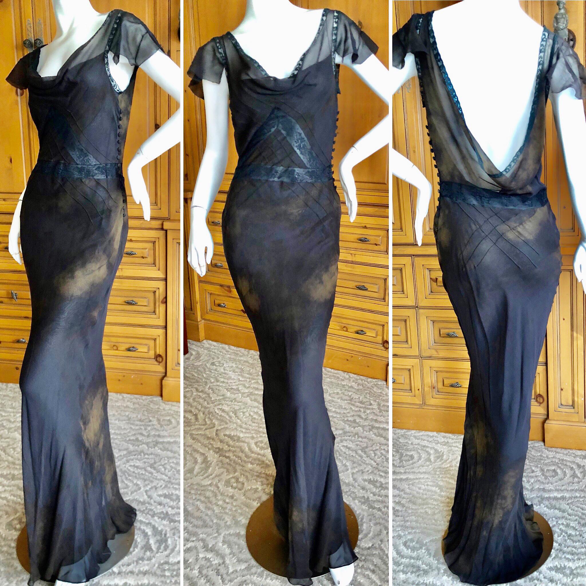 John Galliano VIntage Bias Cut Lace Trimmed Tie Dye Silk Evening Dress.
This is so pretty, but difficult to photograph.
 Size 40 . There is a lot of stretch in this bias cut silk.
 Bust 38