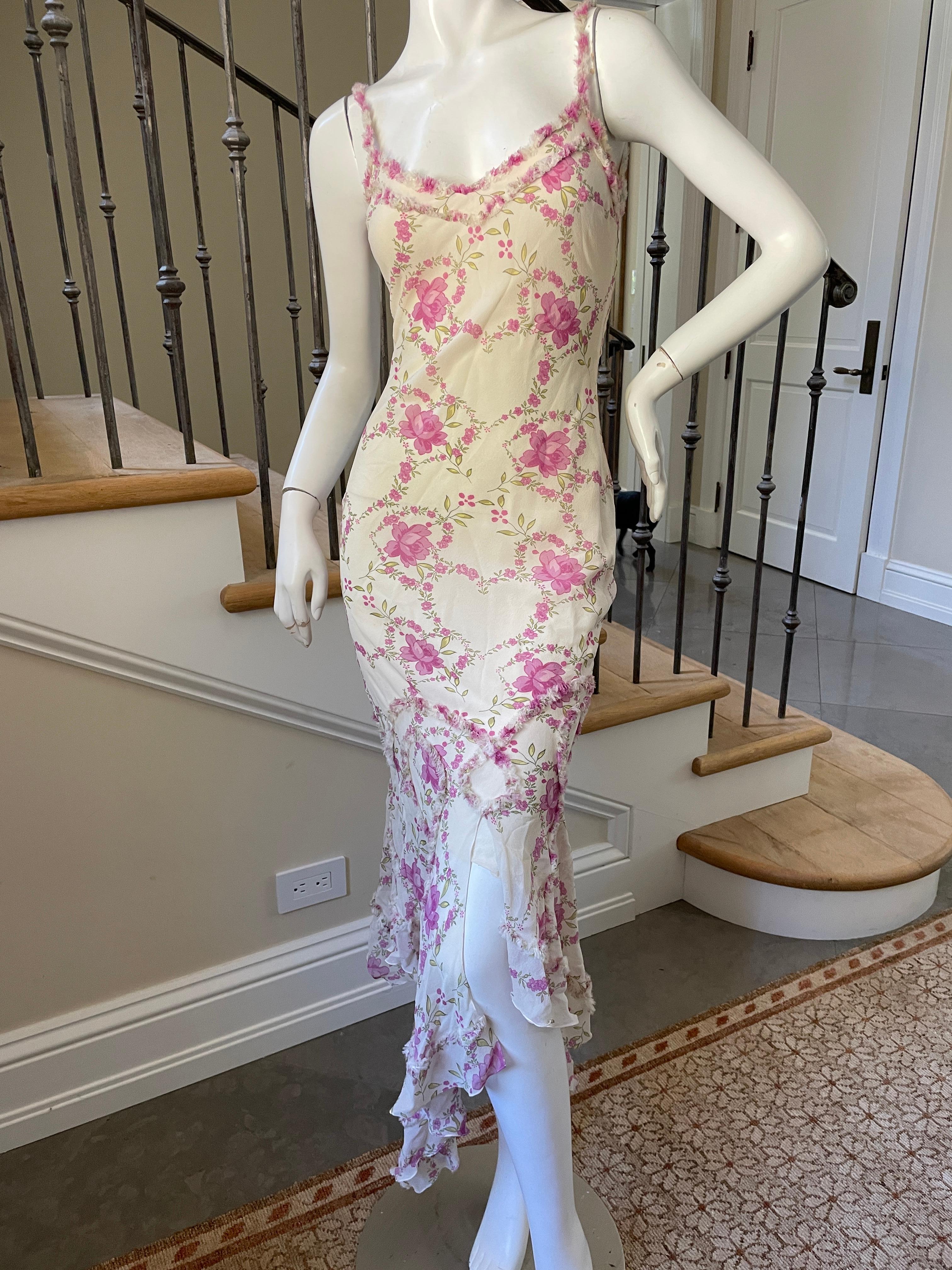  
John Galliano Ruffled Vintage Bias Cut Silk Floral Cocktail Dress.
There are no zippers or buttons.
 Size 38 
Bust 36