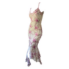 John Galliano Vintage Bias Cut Silk Floral Ruffled Dress