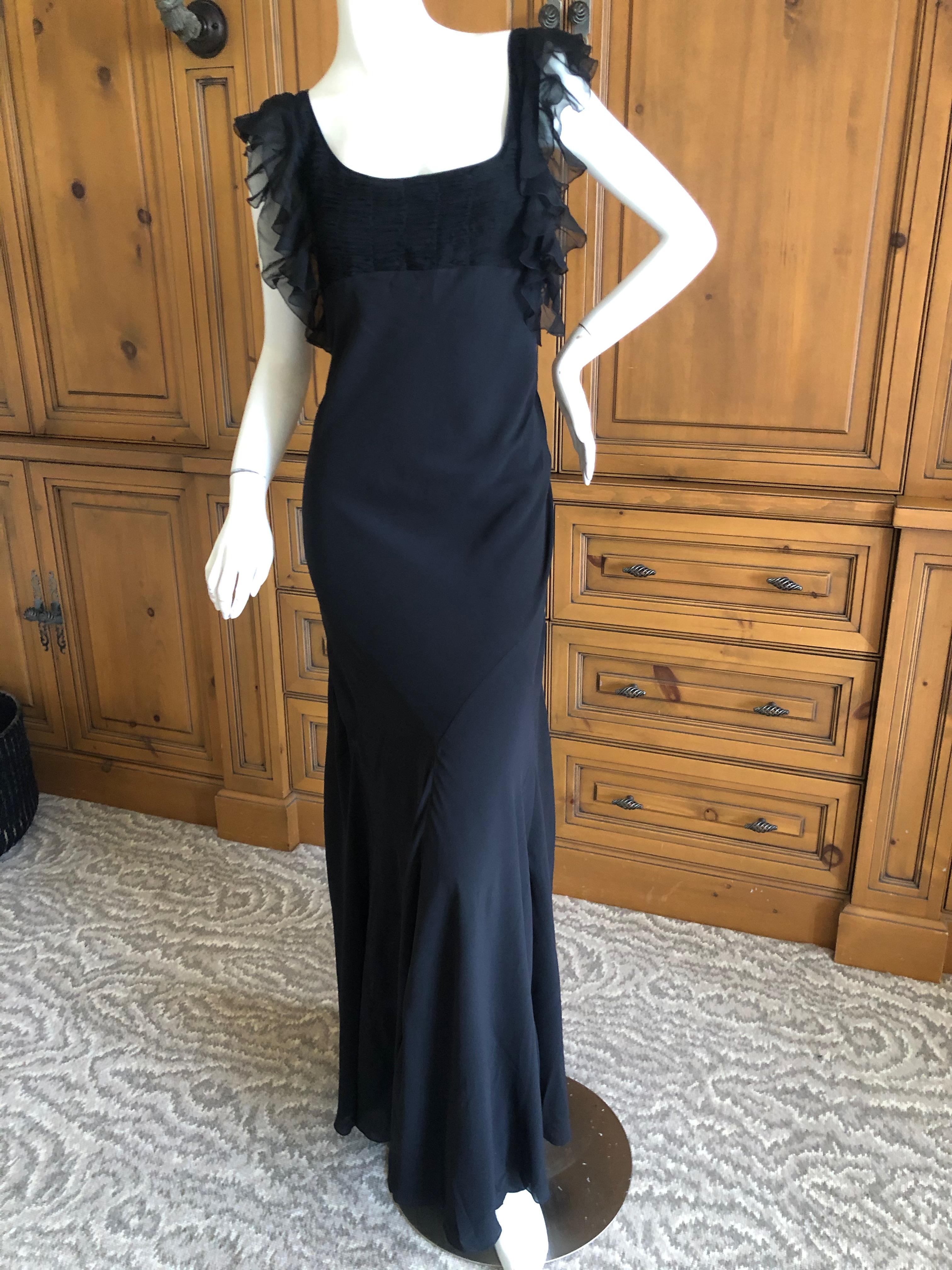 John Galliano Vintage Black Bias Cut Empire Style Evening Dress with Ruffles.
This is so pretty but difficult to photograph the black details.
Pin tucking at bust is so pretty.
 Size 42
 Bust 37