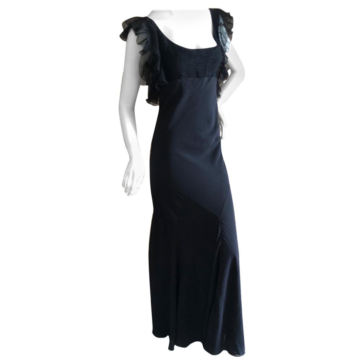 John Galliano Vintage Black Bias Cut Empire Style Evening Dress with Ruffles For Sale