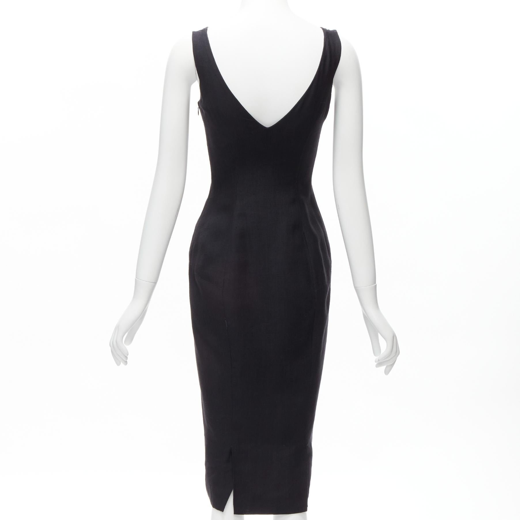 JOHN GALLIANO Vintage black classic V neck tailored sheath dress FR36 S 1