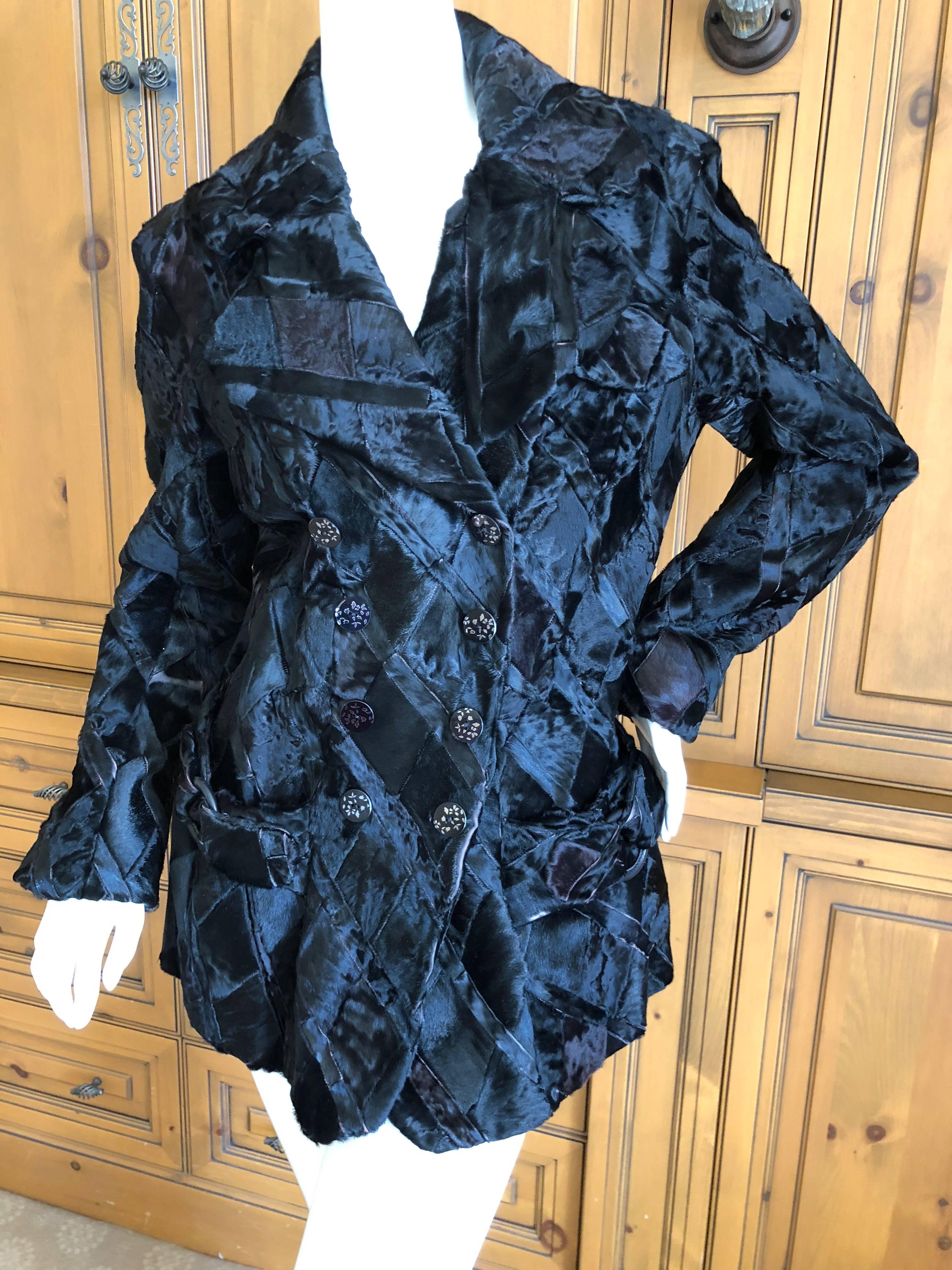 John Galliano Vintage Black Harlequin Pattern Broadtail Lamb Fur Jacket For Sale 2
