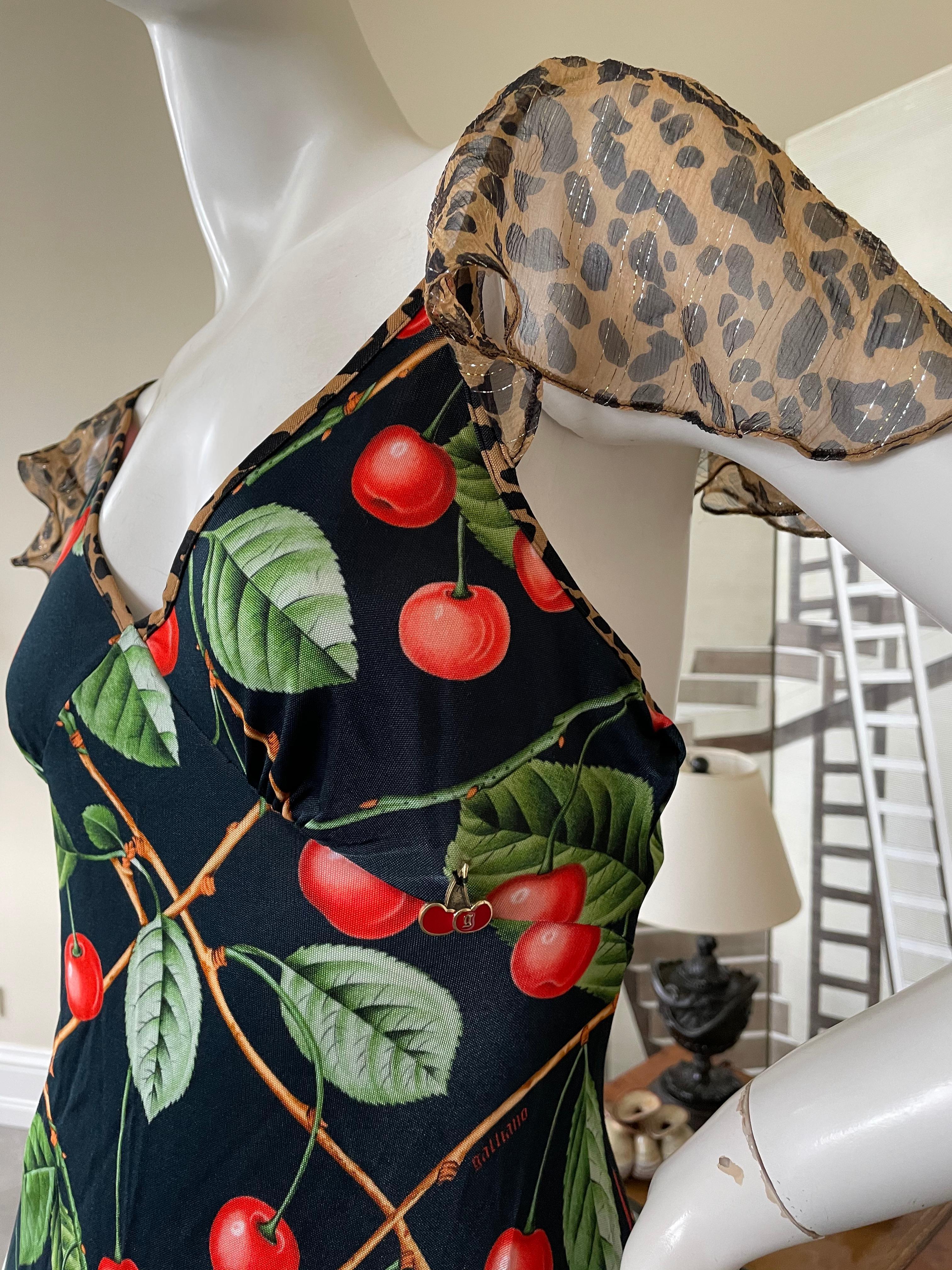 John Galliano Vintage Cherry Print Dress with Leopard Print Details In Excellent Condition In Cloverdale, CA