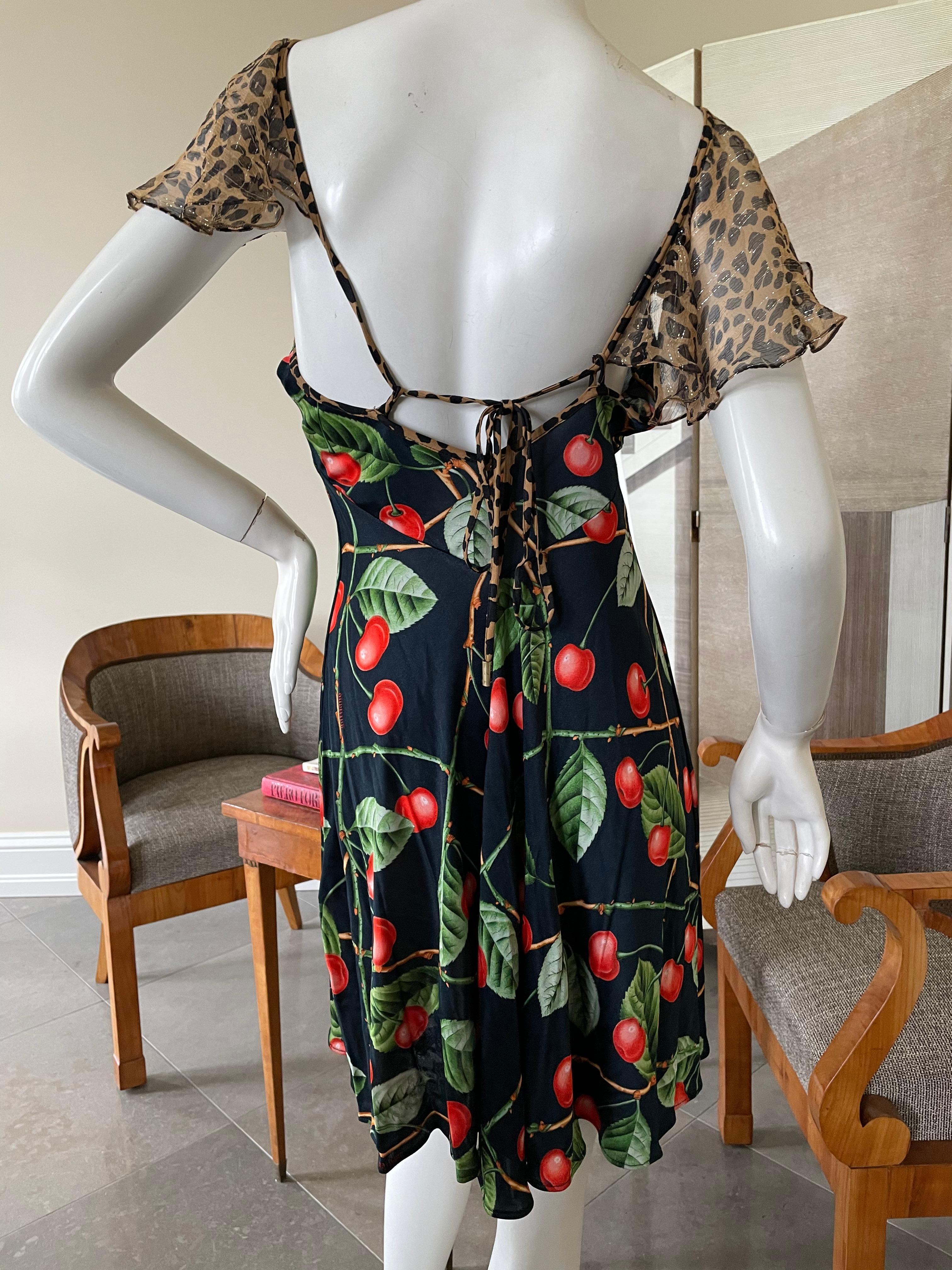 Women's John Galliano Vintage Cherry Print Dress with Leopard Print Details
