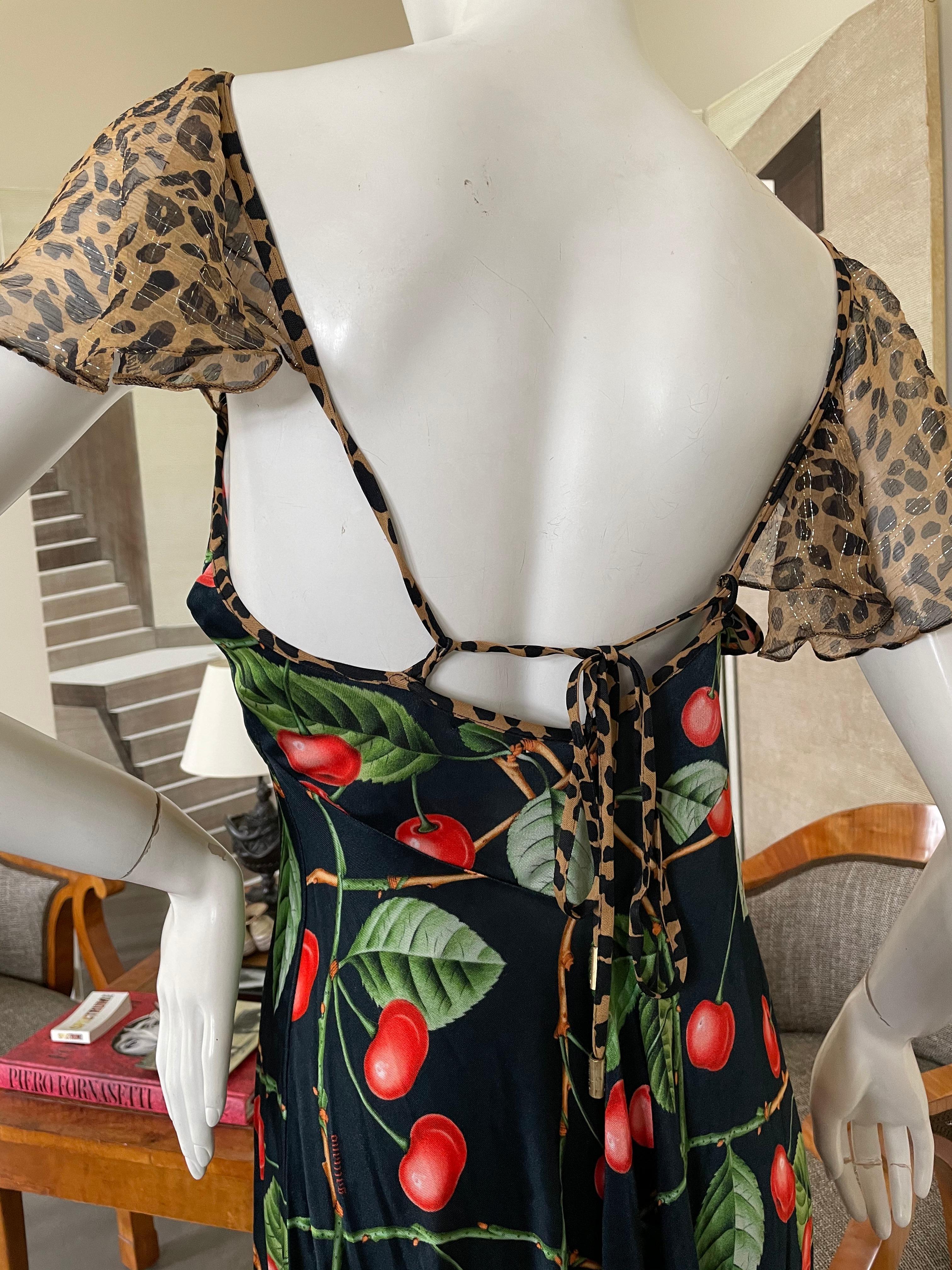 John Galliano Vintage Cherry Print Dress with Leopard Print Details 1