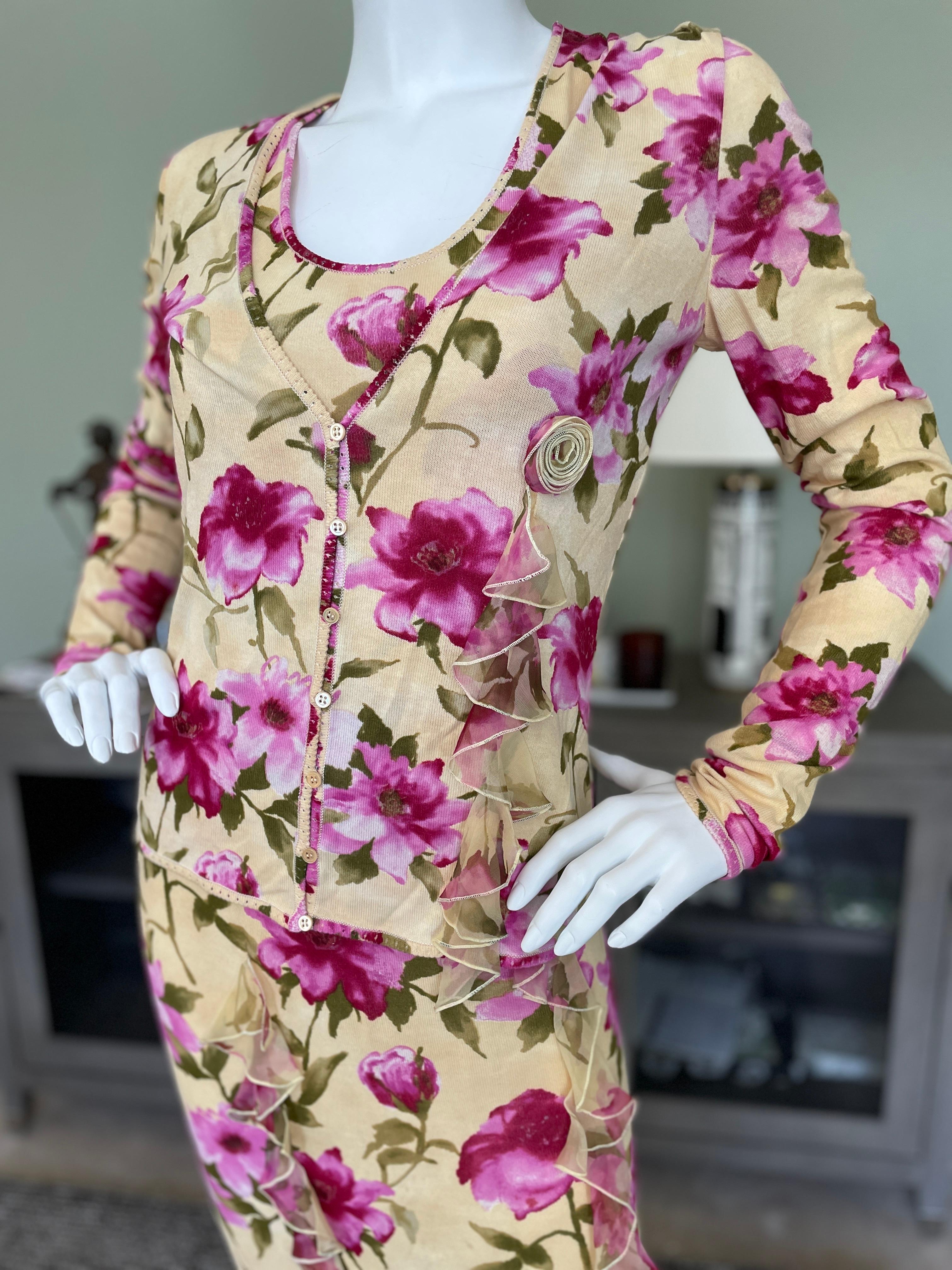 Beige John Galliano Vintage Floral Print Cocktail Dress with Matching Cardigan Sweater For Sale