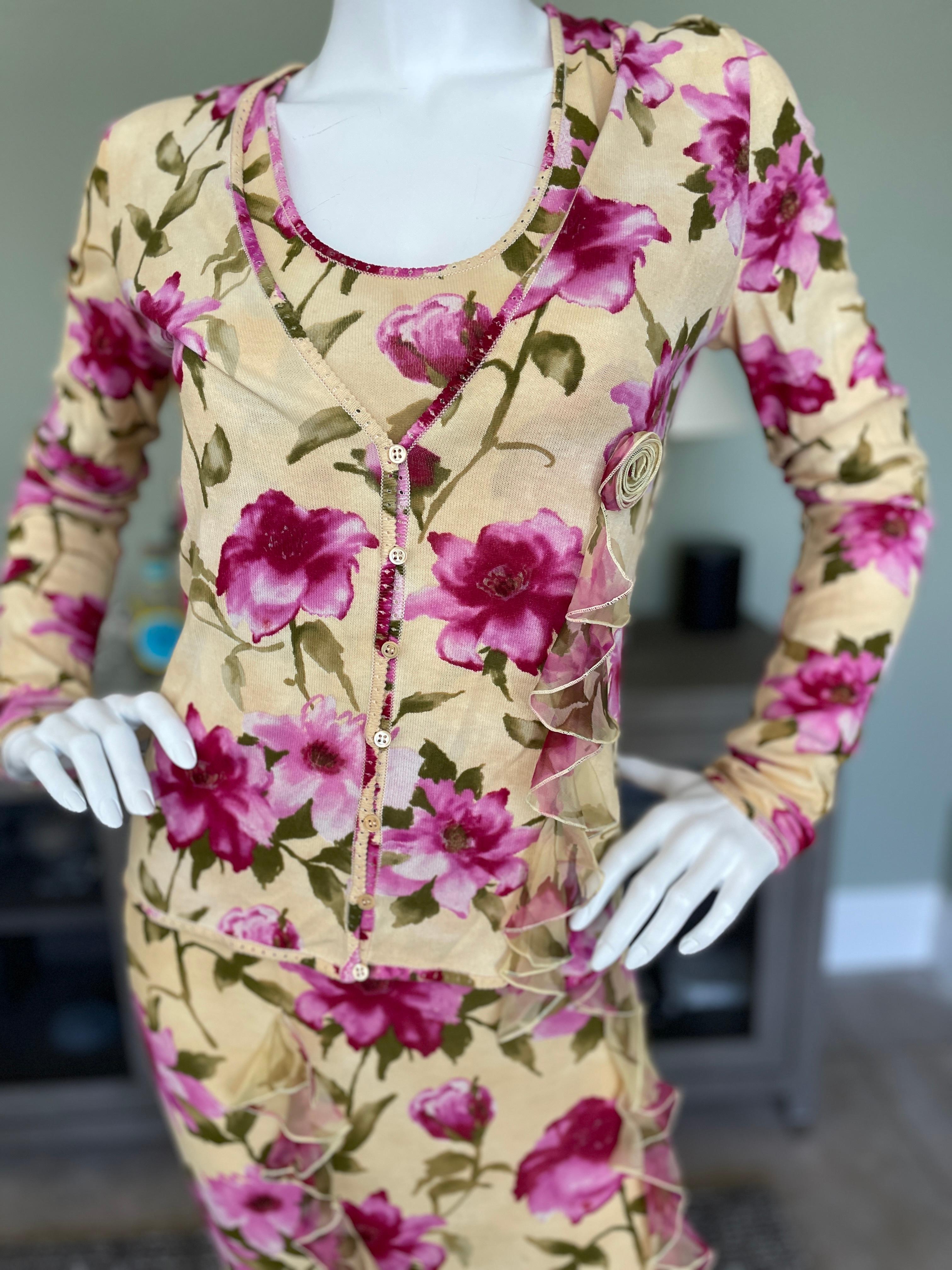 John Galliano Vintage Floral Print Cocktail Dress with Matching Cardigan Sweater In Excellent Condition For Sale In Cloverdale, CA