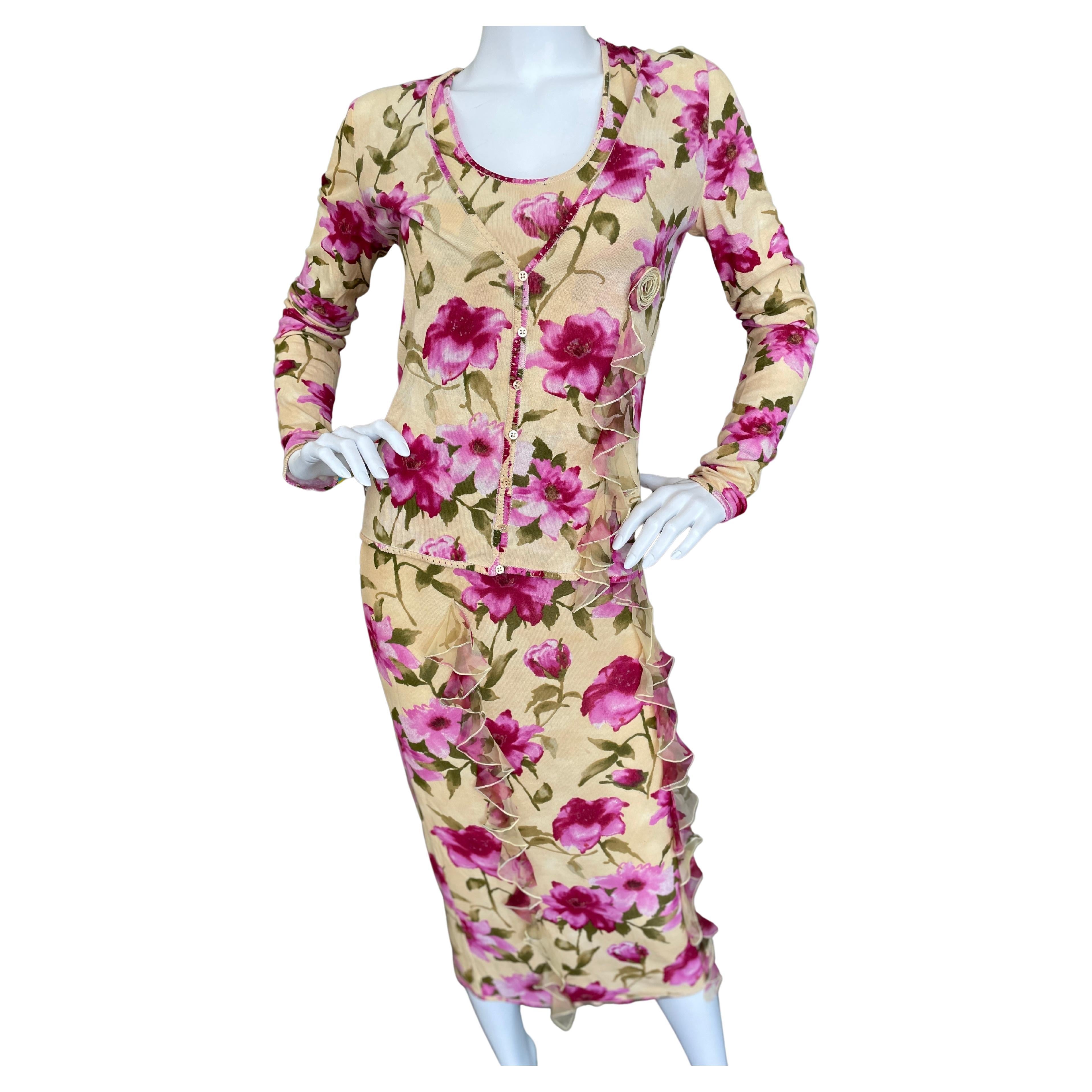 John Galliano Vintage Floral Print Cocktail Dress with Matching Cardigan Sweater For Sale