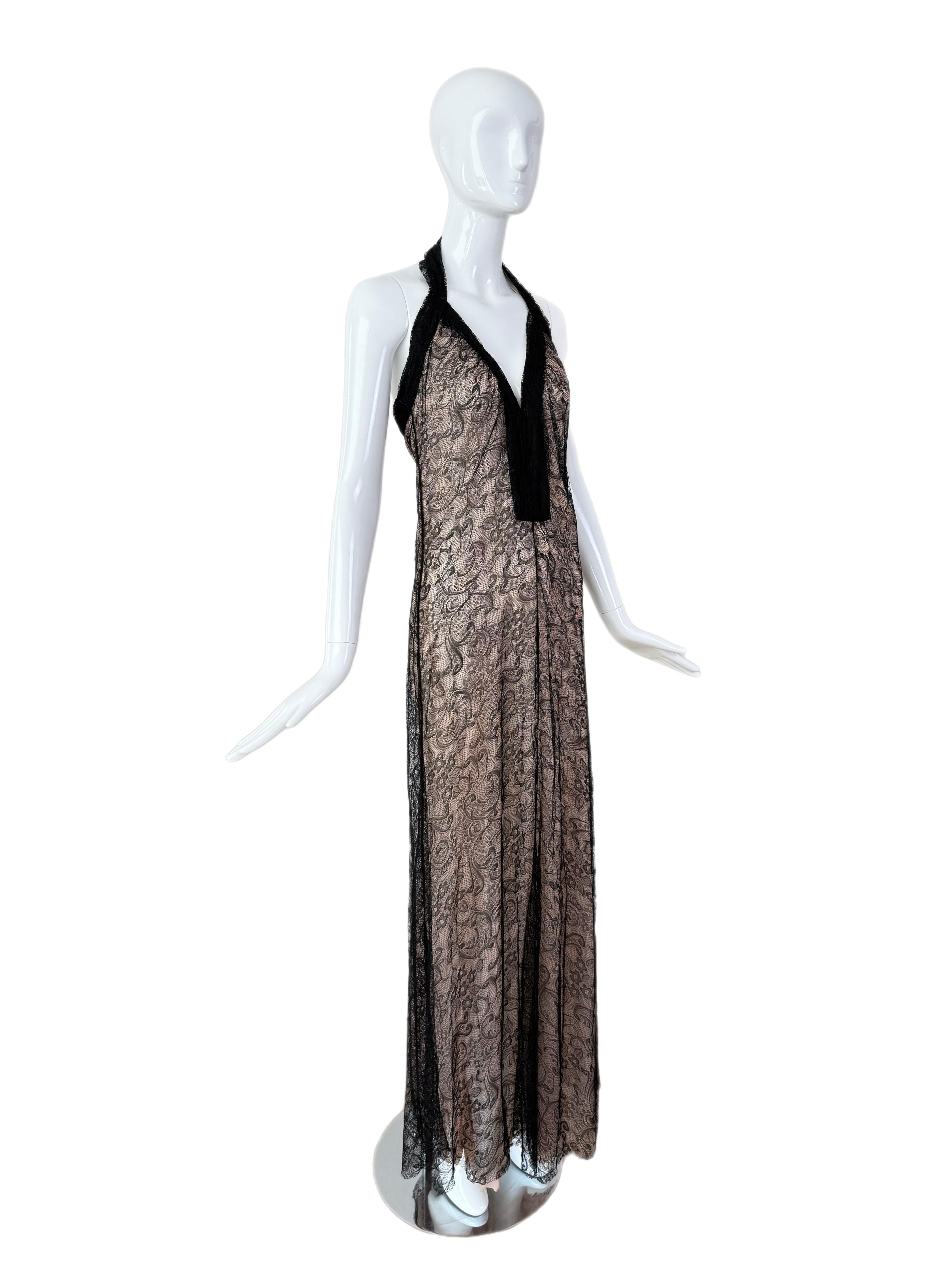 JOHN GALLIANO Vintage Halter Schwarz Spitze Abendkleid Maxikleid Damen im Angebot