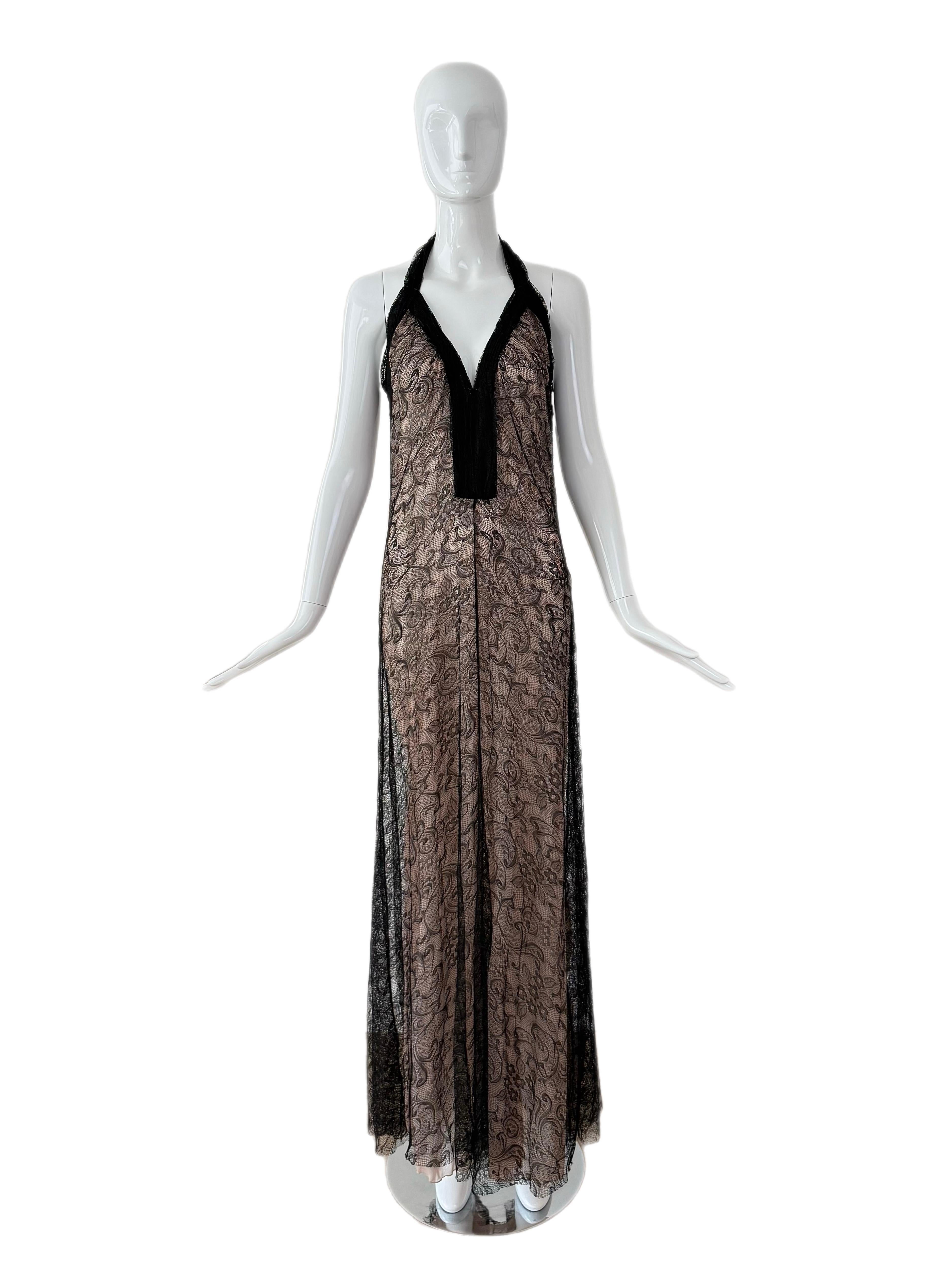 JOHN GALLIANO Vintage Halter Schwarz Spitze Abendkleid Maxikleid im Angebot 1