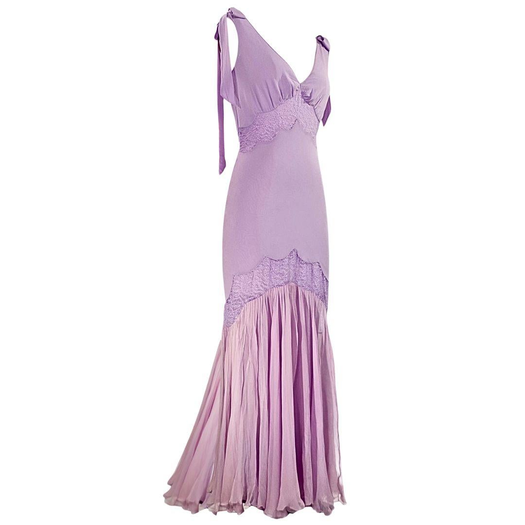 John Galliano Vintage Lavender Silk and Lace Gown with Faint Pink and Lavender Flair Spring/Summer Size 36FR. 
Measurements: Bust 34