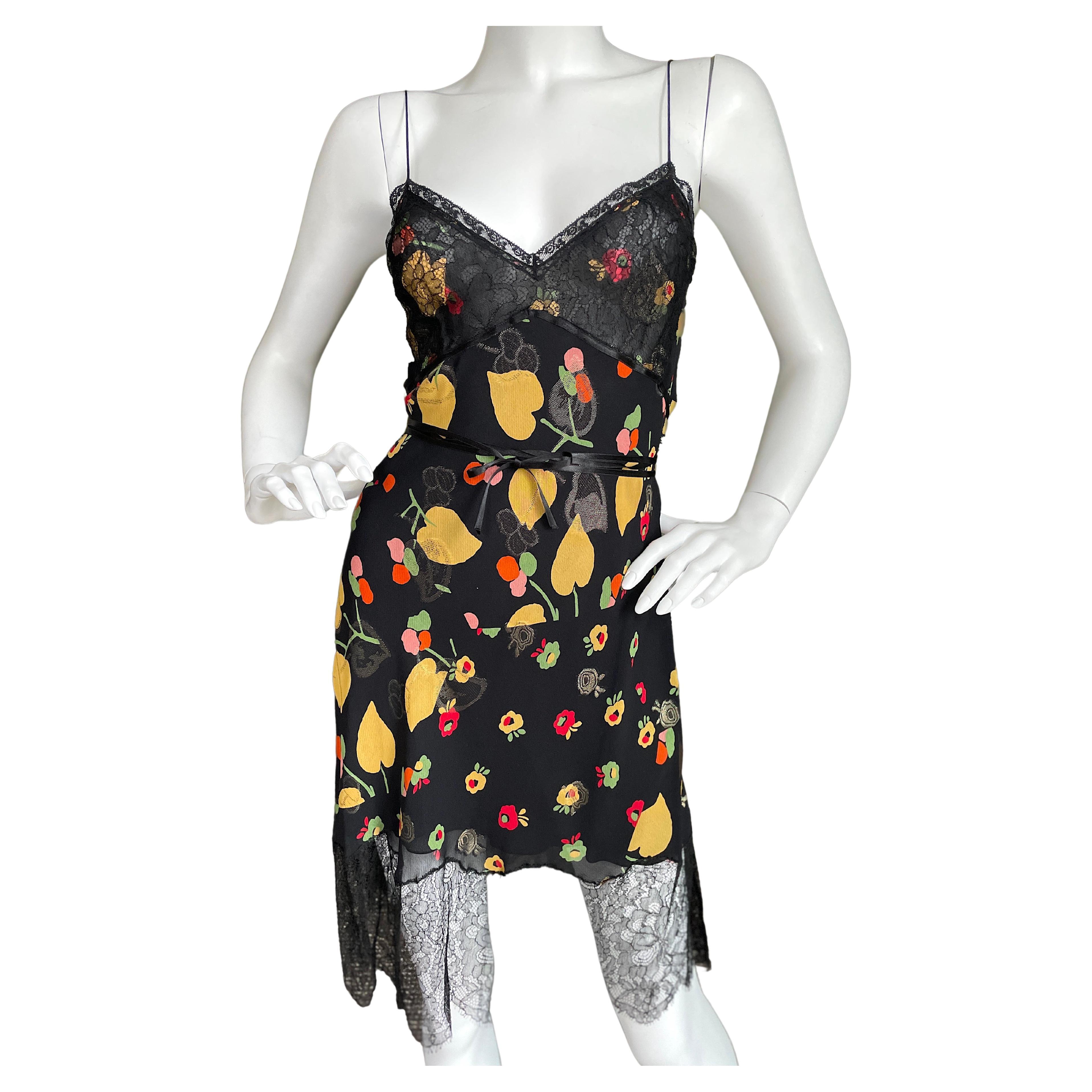 John Galliano Vintage Leaf Pattern Lace Trim Dress For Sale
