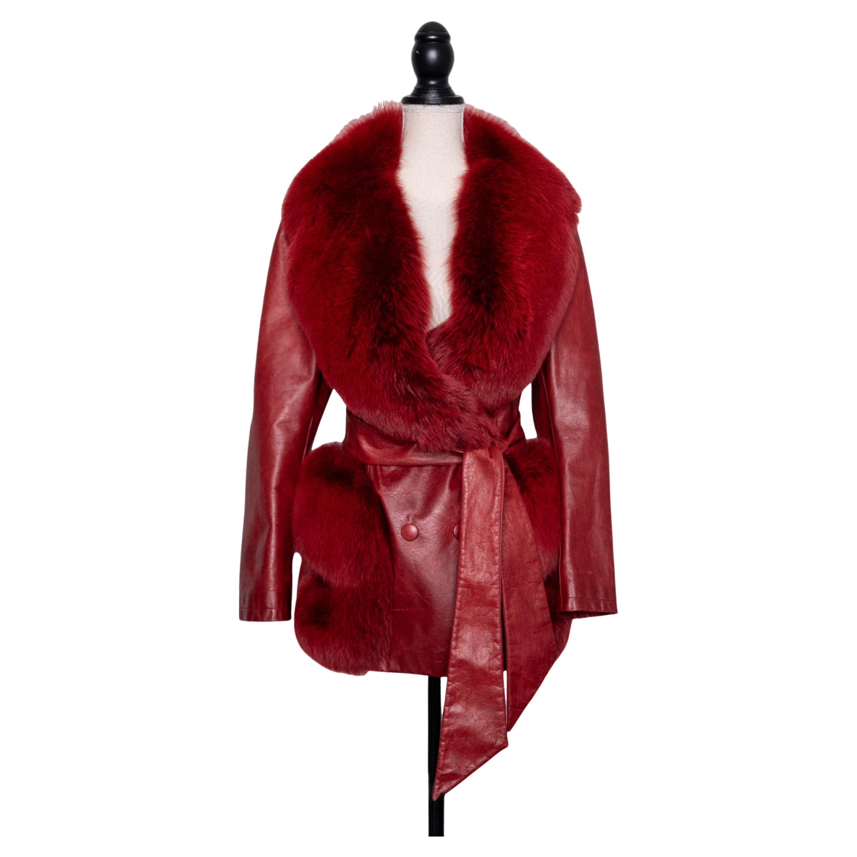 John Galliano Vintage Red Belted Leather Jacket with Fox Fur Collar - Size F42 For Sale