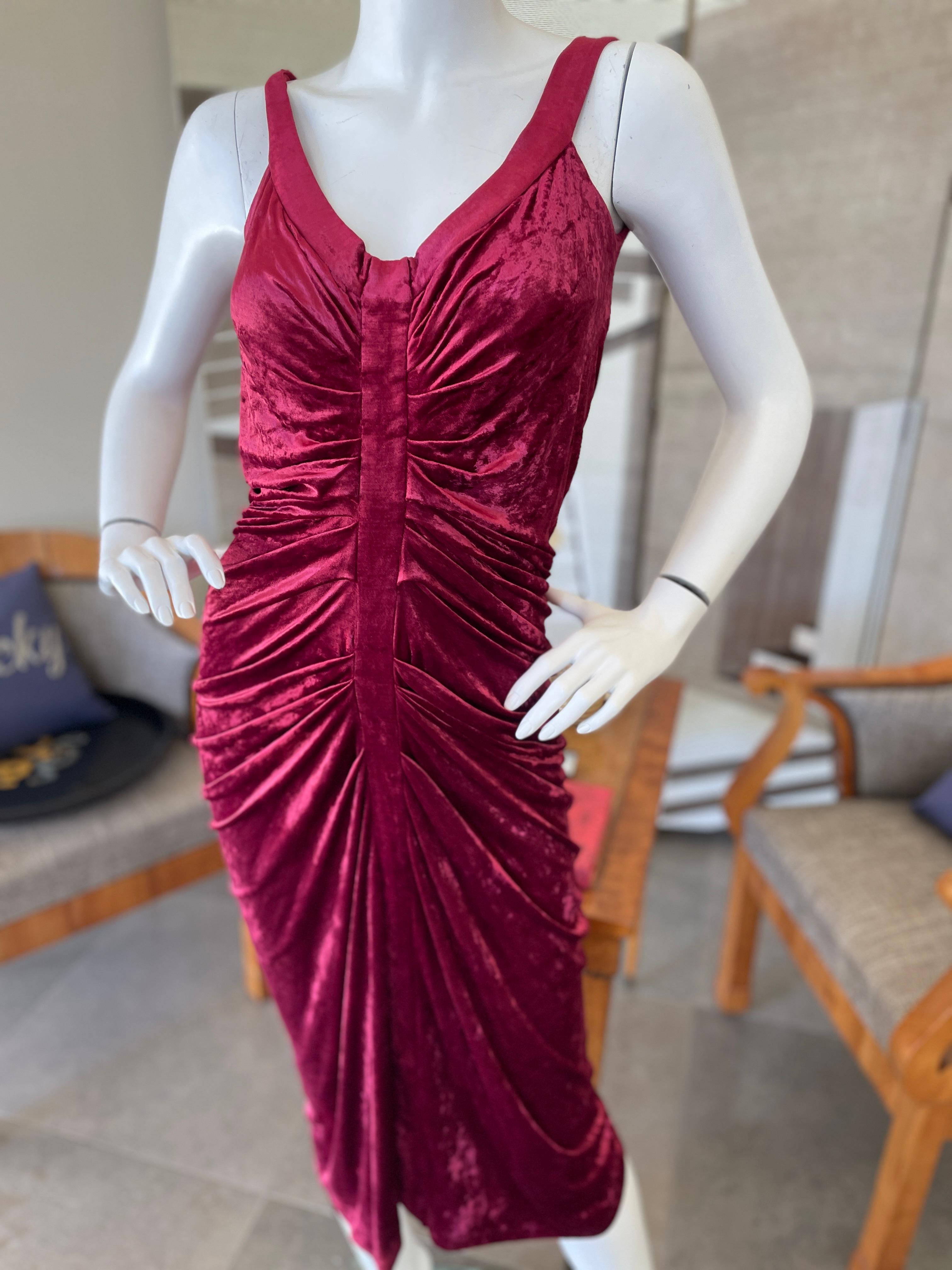 John Galliano Vintage Red Velvet Ruched Cocktail Dress w Matching Beaded Feathered Shrug
This is so pretty, please use the zoom to see the details. 
So many beautiful Galliano details
Size M
 Bust 38
