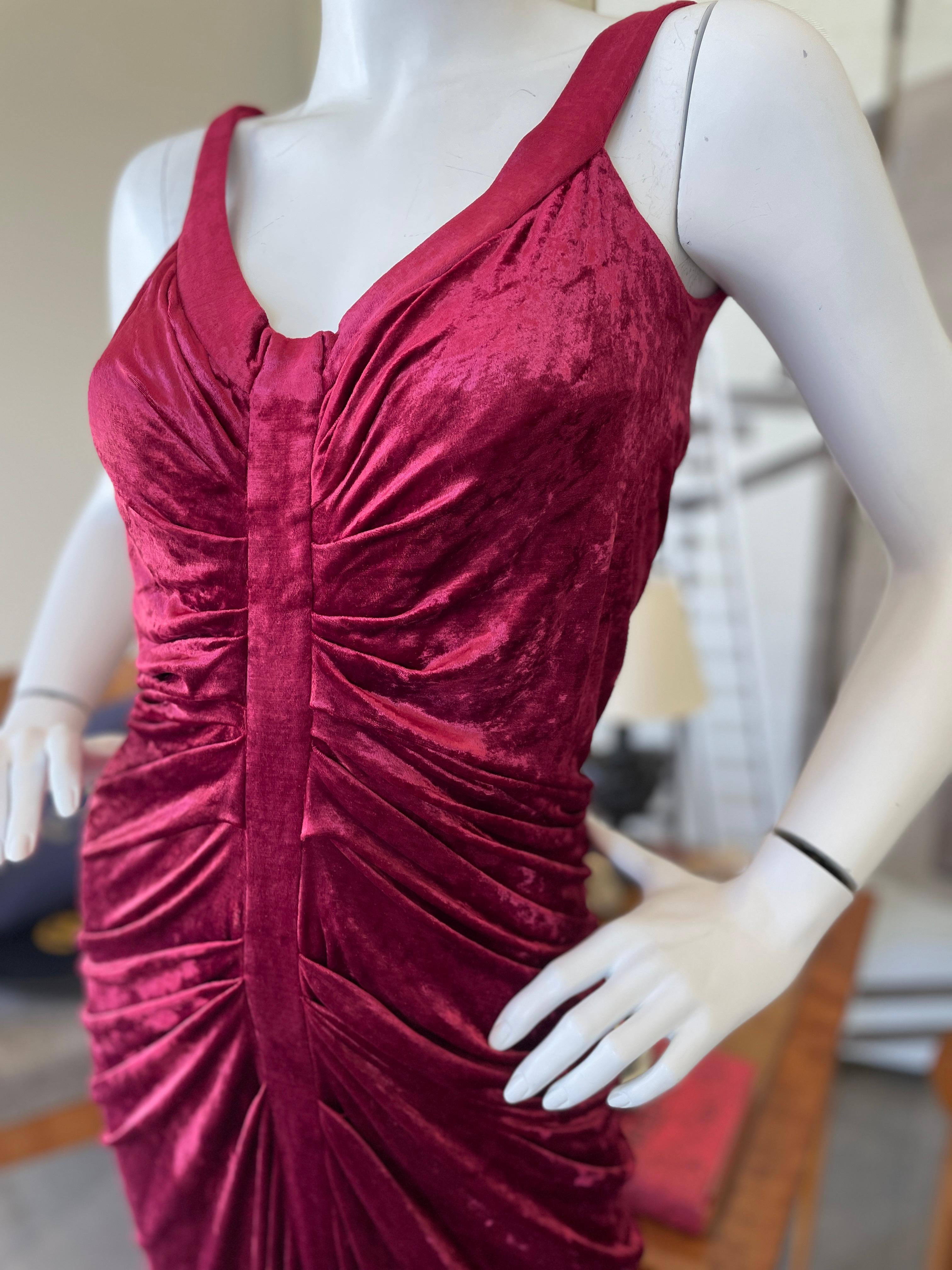 John Galliano Vintage Red Velvet Ruched Cocktail Dress w Matching Feather Shrug In Good Condition For Sale In Cloverdale, CA