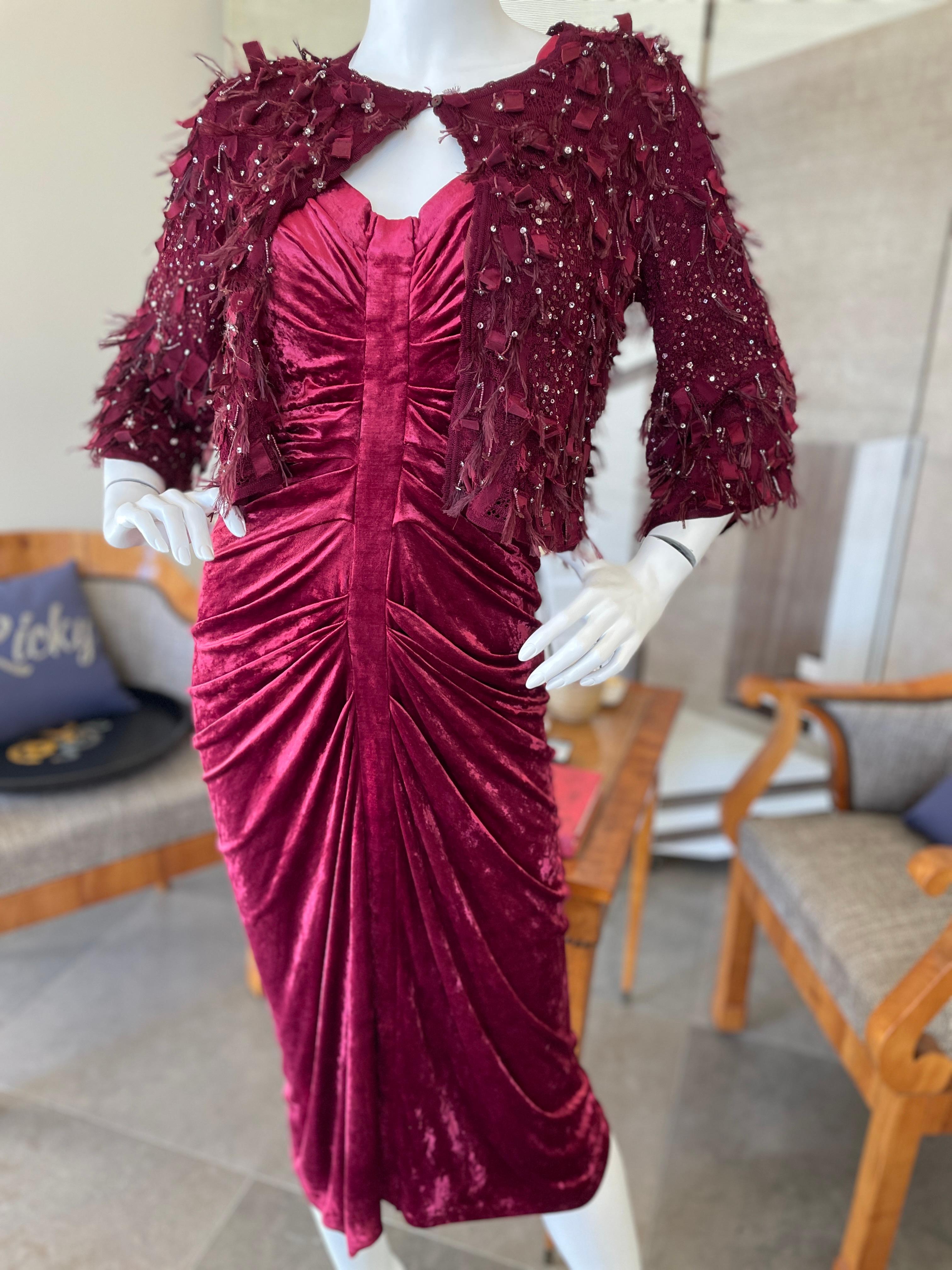John Galliano Vintage Red Velvet Ruched Cocktail Dress w Matching Feather Shrug For Sale 2
