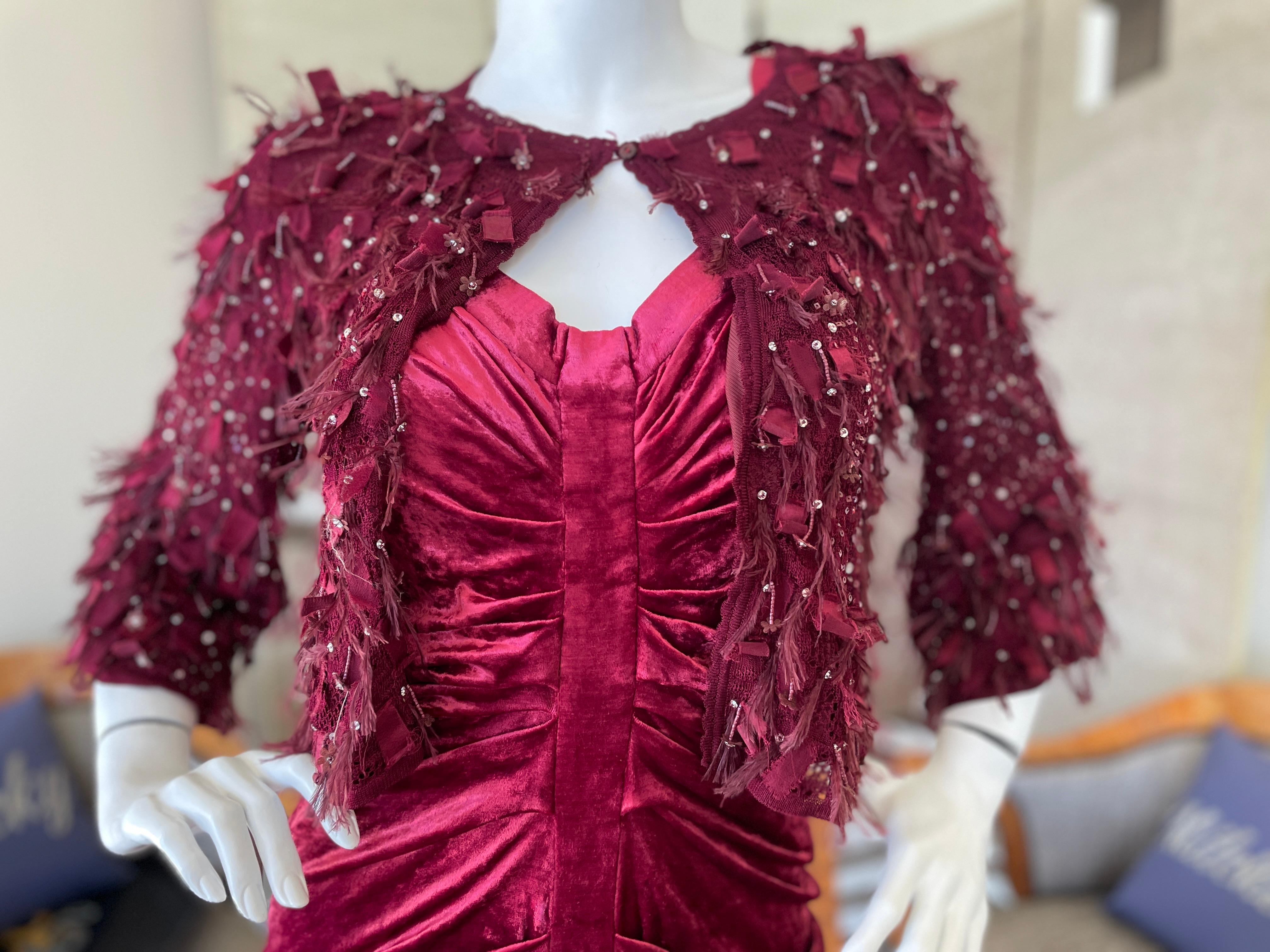 John Galliano Vintage Red Velvet Ruched Cocktail Dress w Matching Feather Shrug For Sale 3