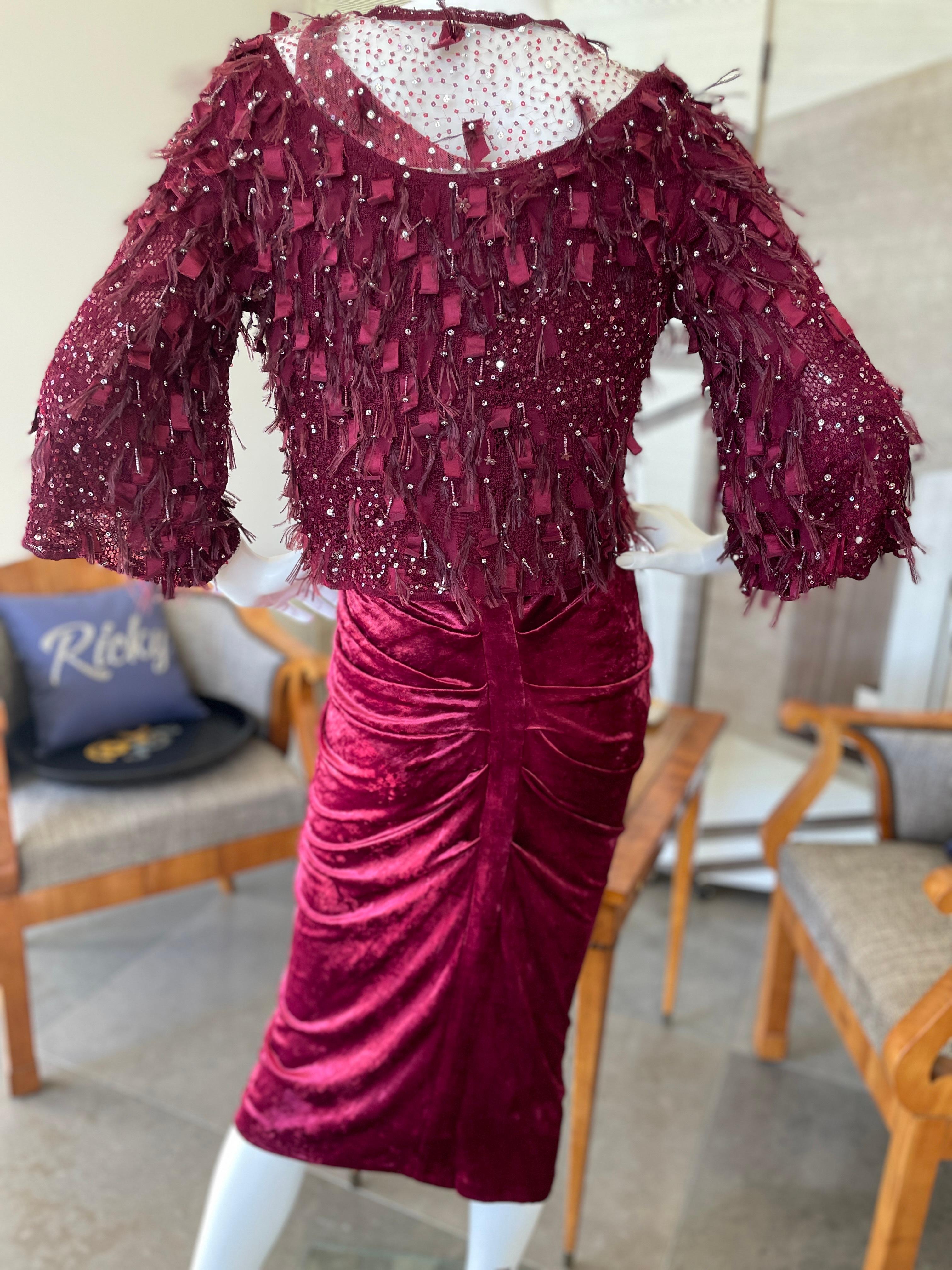 John Galliano Vintage Red Velvet Ruched Cocktail Dress w Matching Feather Shrug For Sale 4