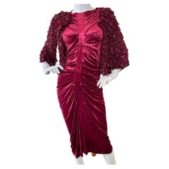 John Galliano Vintage Red Velvet Ruched Cocktail Dress w Matching Feather Shrug